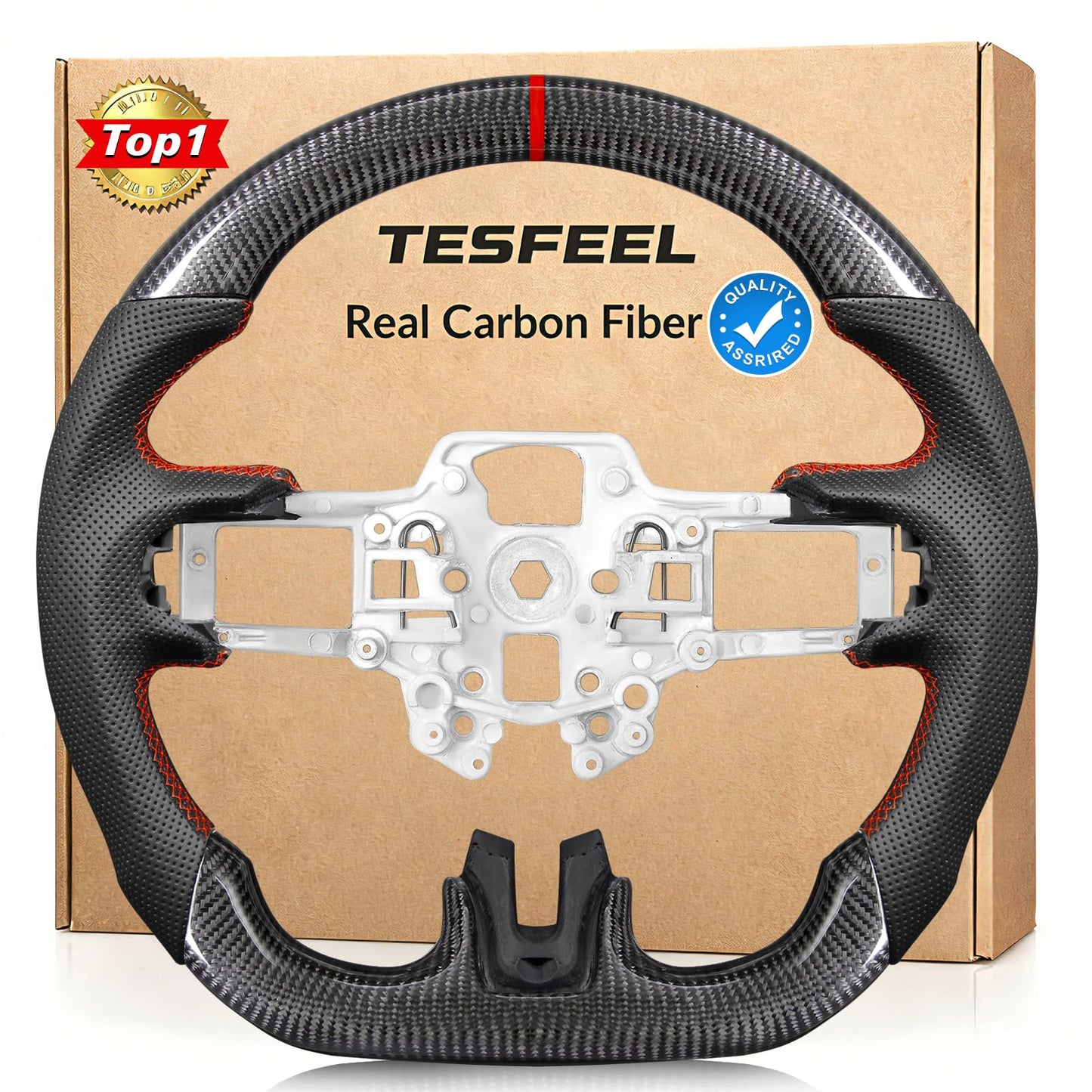 TESFEEL Real Carbon Fiber Steering Wheel for Ford Mustang 2018-2023, D-Shape Flat Bottom, Premium Nappa Leather with Red Stripe & Hand-Stitching, for EcoBoost/GT/Shelby GT350&GT350R