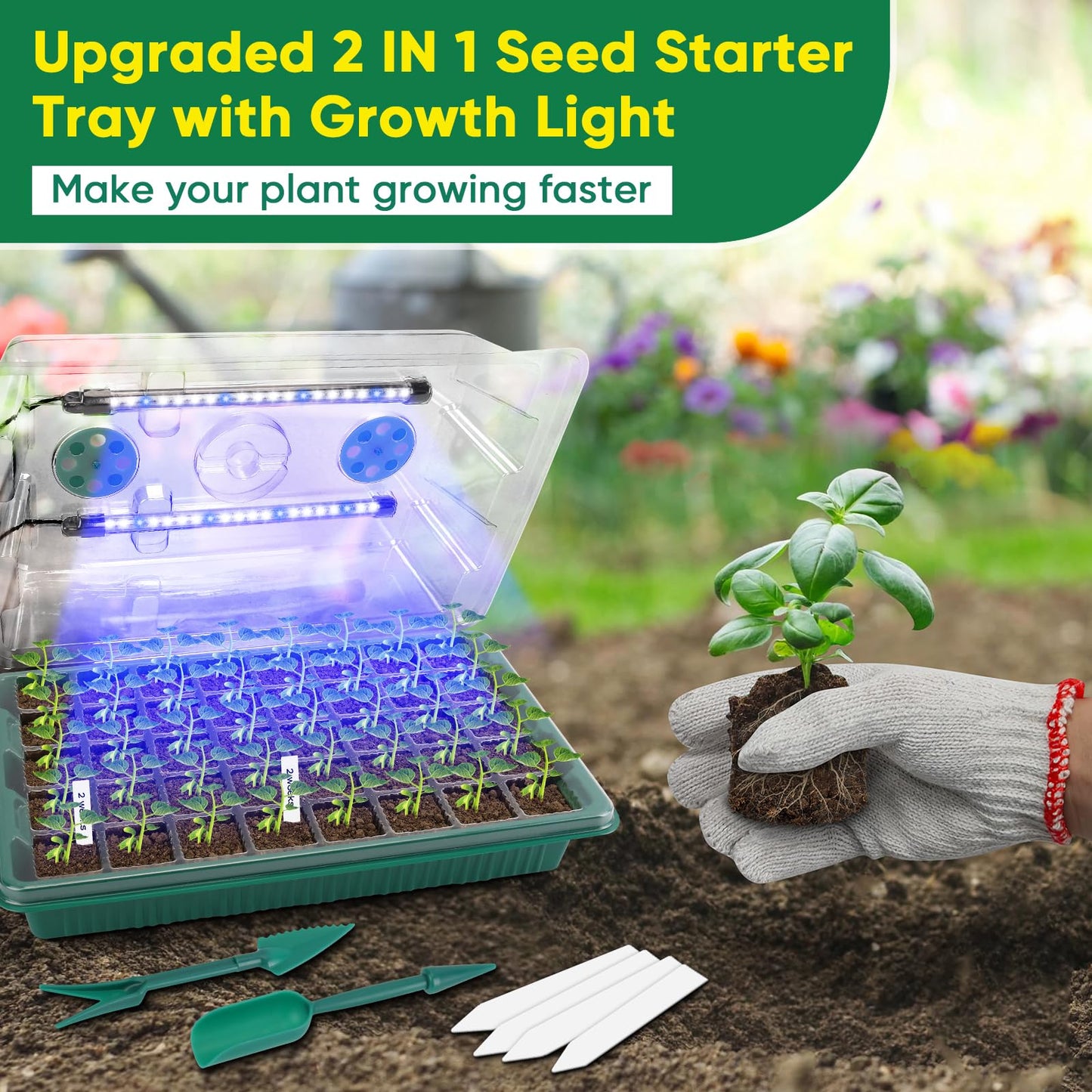 BlumWay Seed Starter Tray with Grow Light,3 Pack 120 Cells Seedling Tray with Humidity Dome/Indoor Grow Kit for Deep-Rooted Seedlings,Adjustable/Timed Light Plant Starter Set