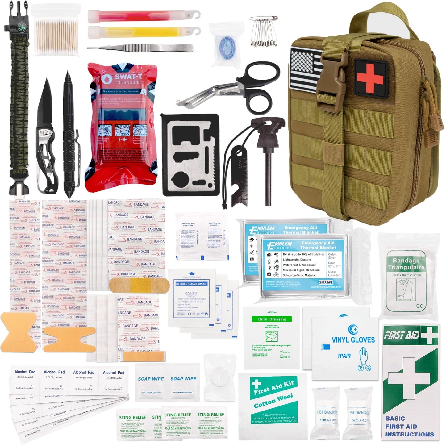 Emblem OD 242 Piece First Aid Survival Kit with Tourniquet Kit | MOLLE IFAK Med Kit | Emergency Medical Trauma Kit | Survival Gear | Tactical First Aid Kit for Car Home and Field | Brown