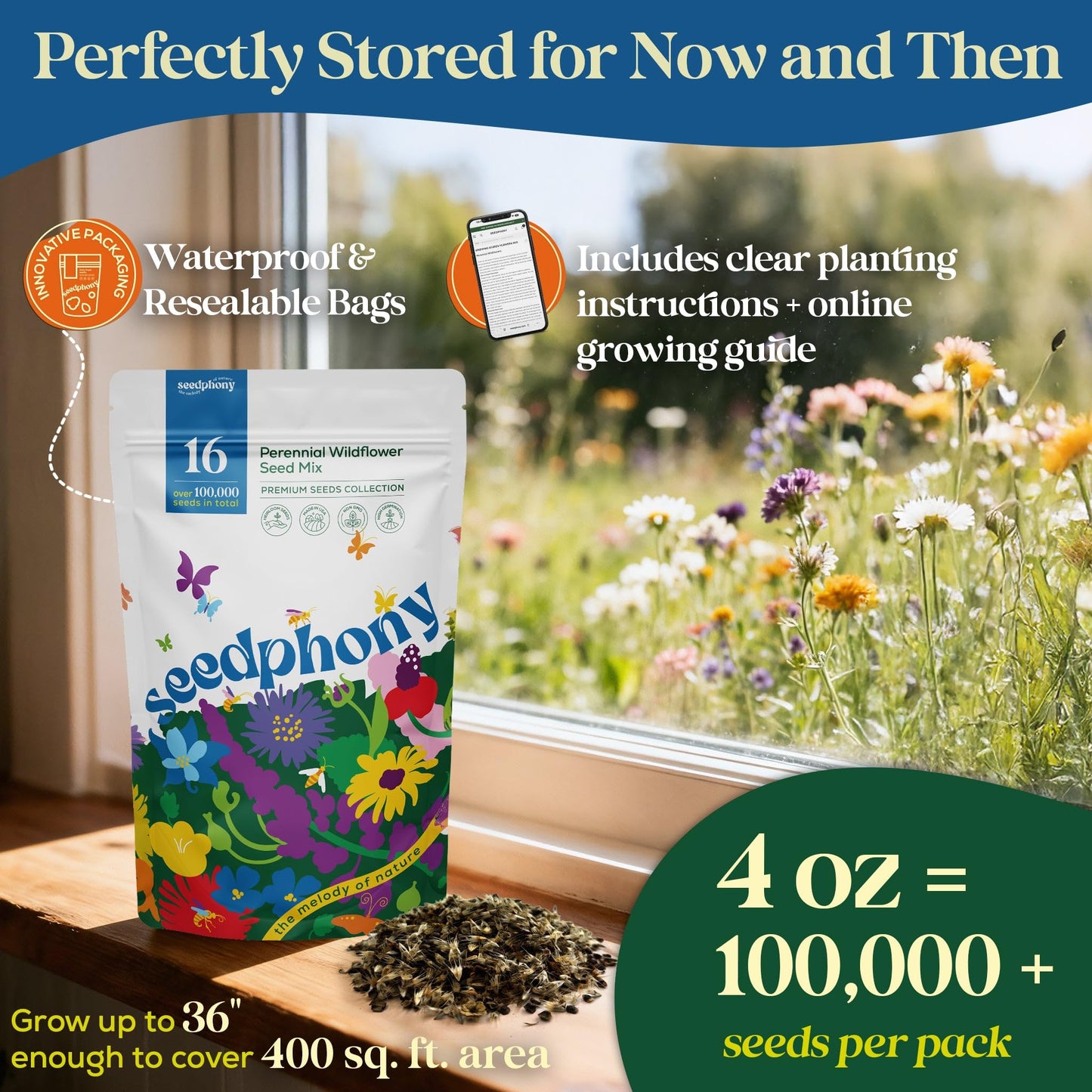 Seedphony 16 Perennial Wildflower Mix 4 oz - 100,000 Non-GMO Heirloom Wildflower Seeds for Planting Garden, Wild Flowers in Waterproof Seed Packet, Floral Seeds for Planting Indoor & Outdoor Gardening
