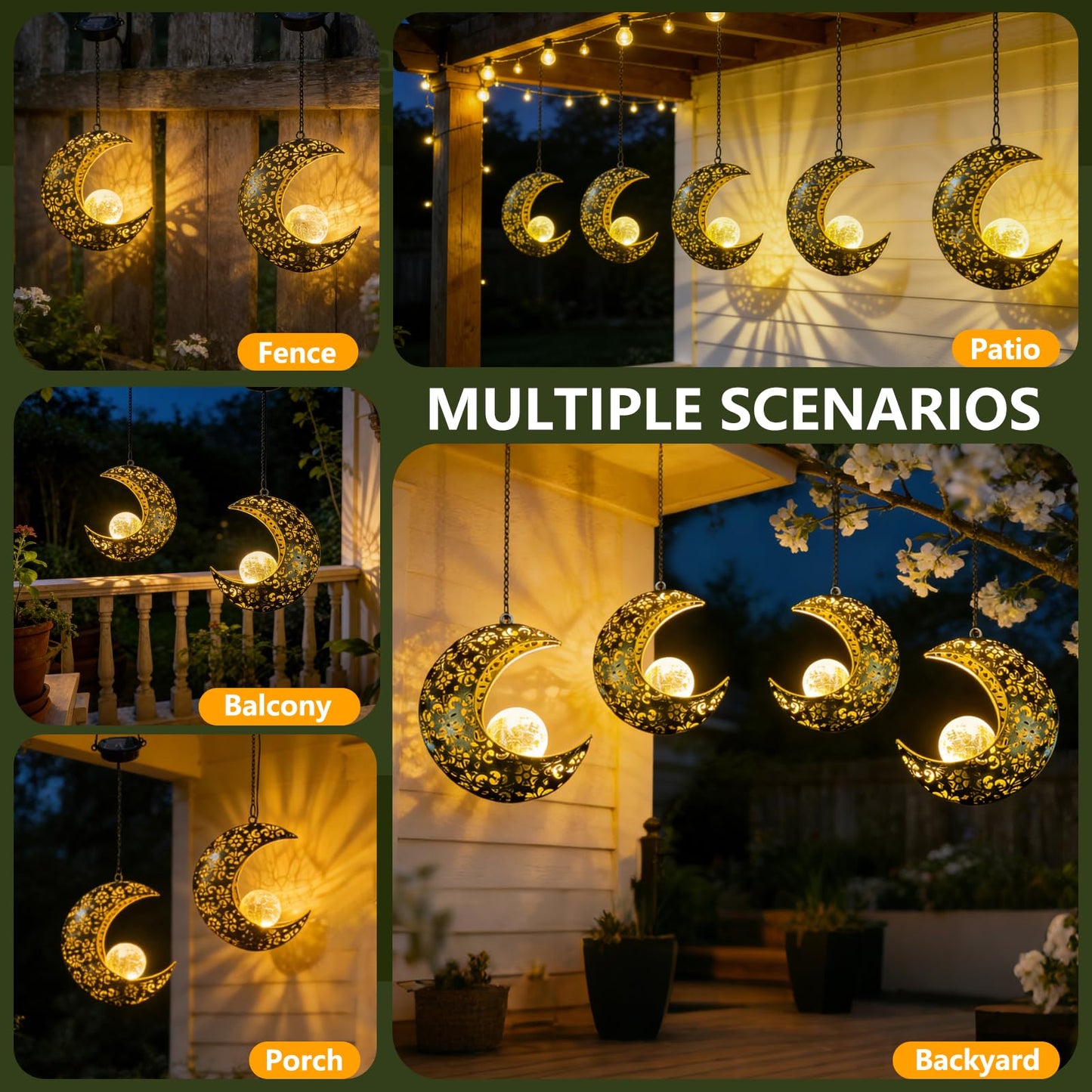 QCF Solar Garden Hanging Moon Lights Outdoor Decor,2 Pack Metal Lanterns Art Decorations for Outside Yard Lawn Patio Wall Fences Driveway Trail,Unique Housewarming Gardening Gifts for Women Mom