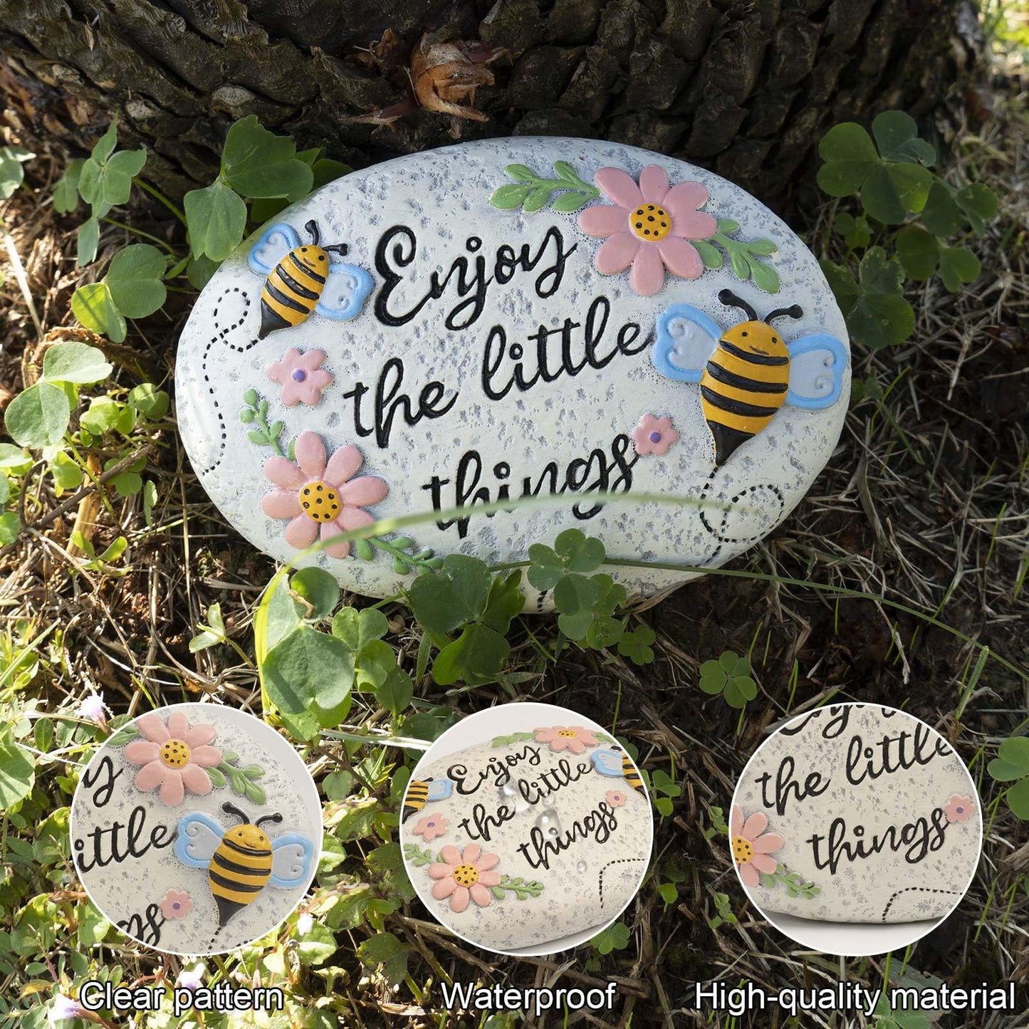Bechivie Stepping Stones Outdoor, Bumble Bee Flower Garden Rocks Decorative, Summer Honey Bee Concrete Small Stake Down Step Stones for Walkway Yard Lawn Decor, Gifts for Gardening Love