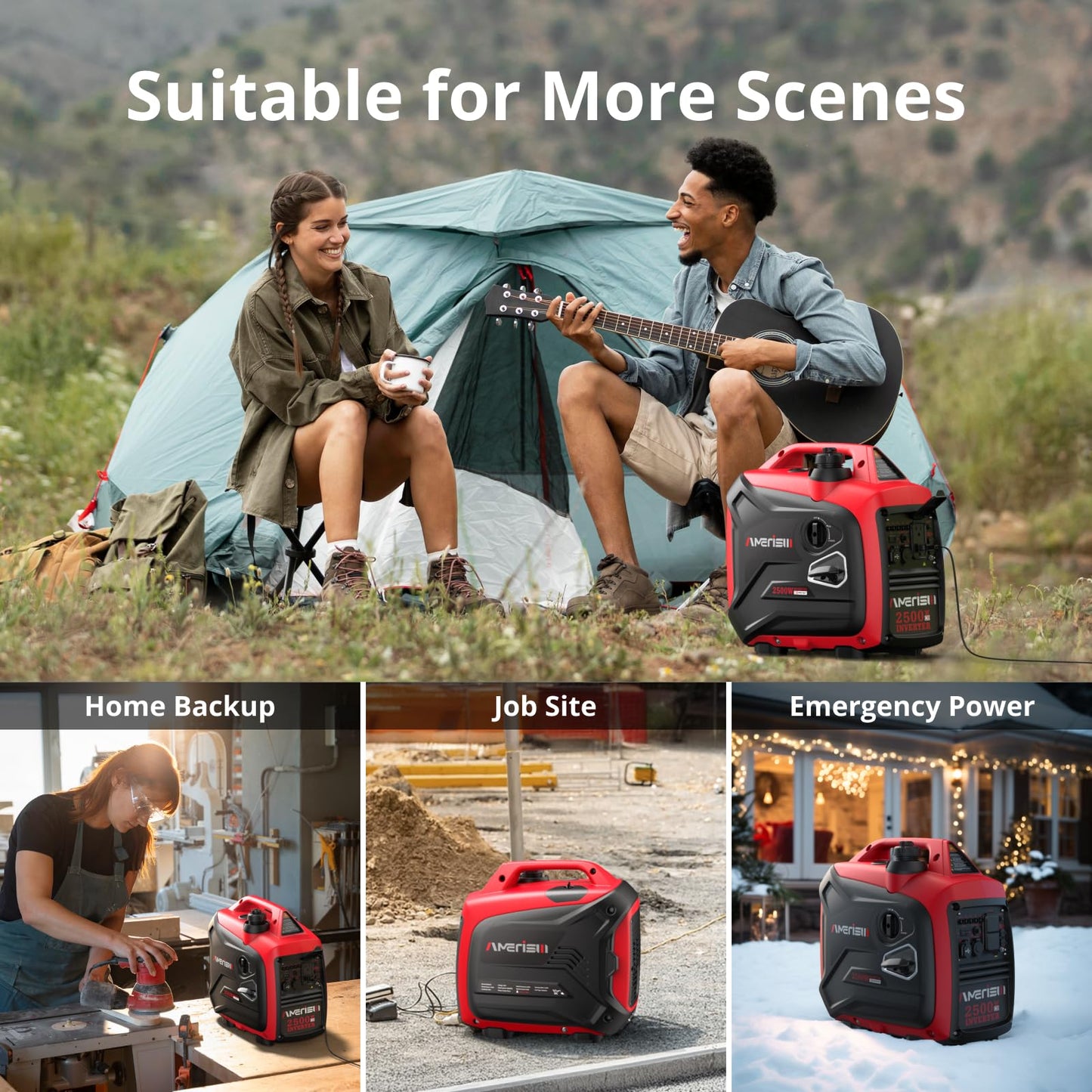 AMERISUN 2500W Portable Inverter Generator, Gas Powered Generator with CO Sensor, 11H Runtime, 120V AC/12V DC/USB, Quiet, Lightweight for Outdoor, Home Backup, RV, Camping & Emergency Power