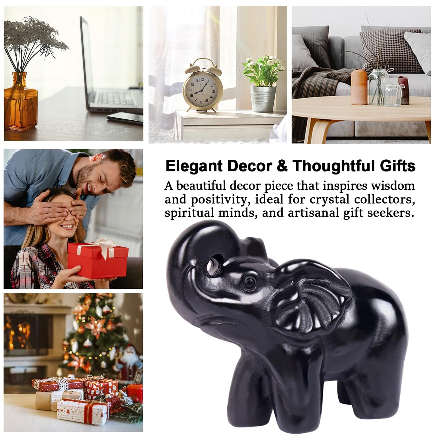 Hguxmcu 2 Inch Black Obsidian Crystal Elephant Sculpture Handcrafted Healing Stone Animal Figurine Spiritual Home Decor Lucky Charm Gift for Wealth Success Positive Energy and Meditation Lovers