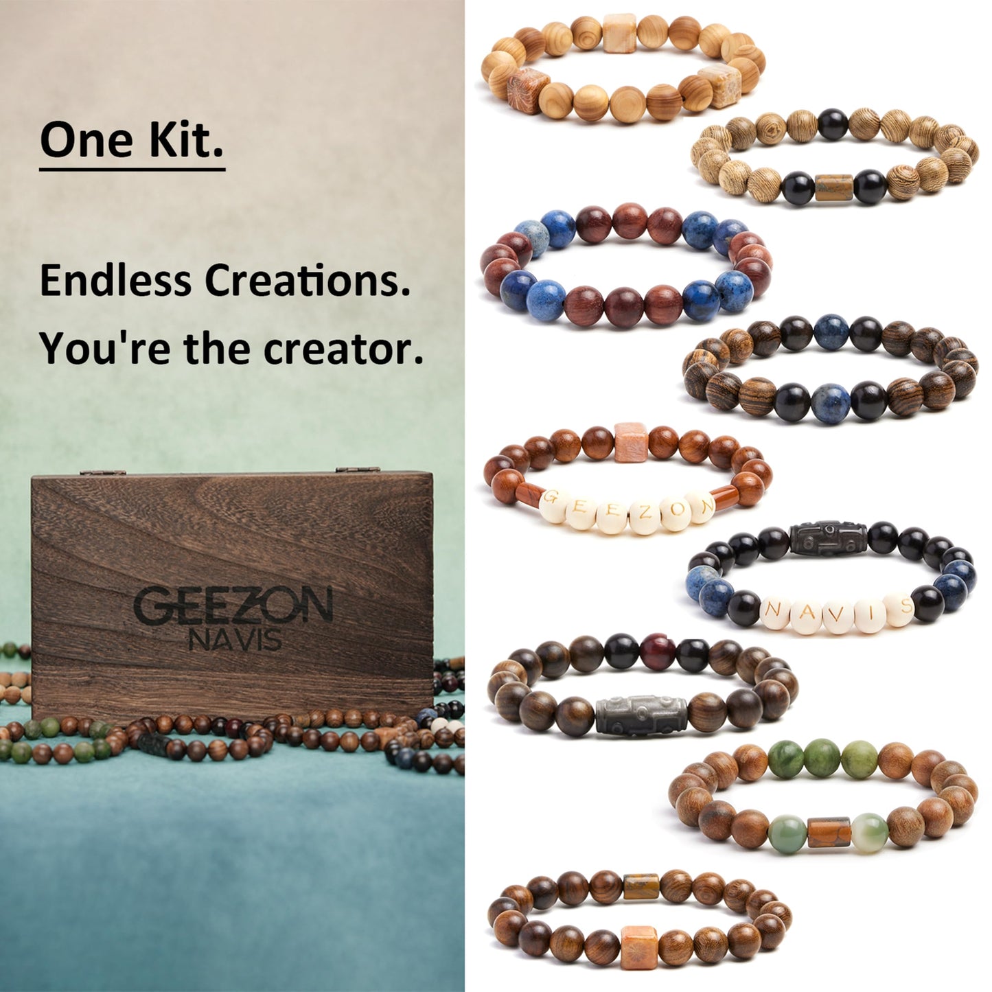 Geezon Navis Bracelet Making Kit - 10mm Natural Wooden Beads with Letters & Stone Beads - 296pcs in 16 Colors - DIY Jewelry Making Starter Kit Adult Men Women Birthday Gift Craft