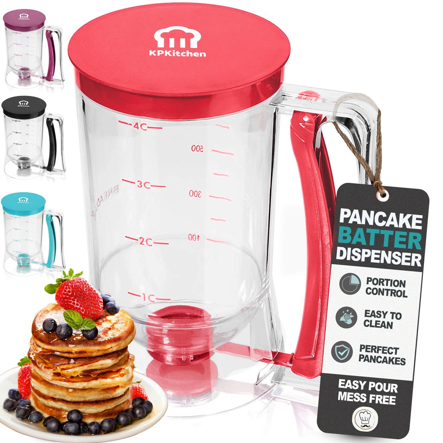 Pancake Batter Dispenser - Kitchen Must Have Tool for Perfect Pancakes, Cupcake, Waffle, Muffin Mix, Cake & Crepe - Easy Pour Baking Supplies for Griddle - Pancake Maker with Measuring Label (Red)