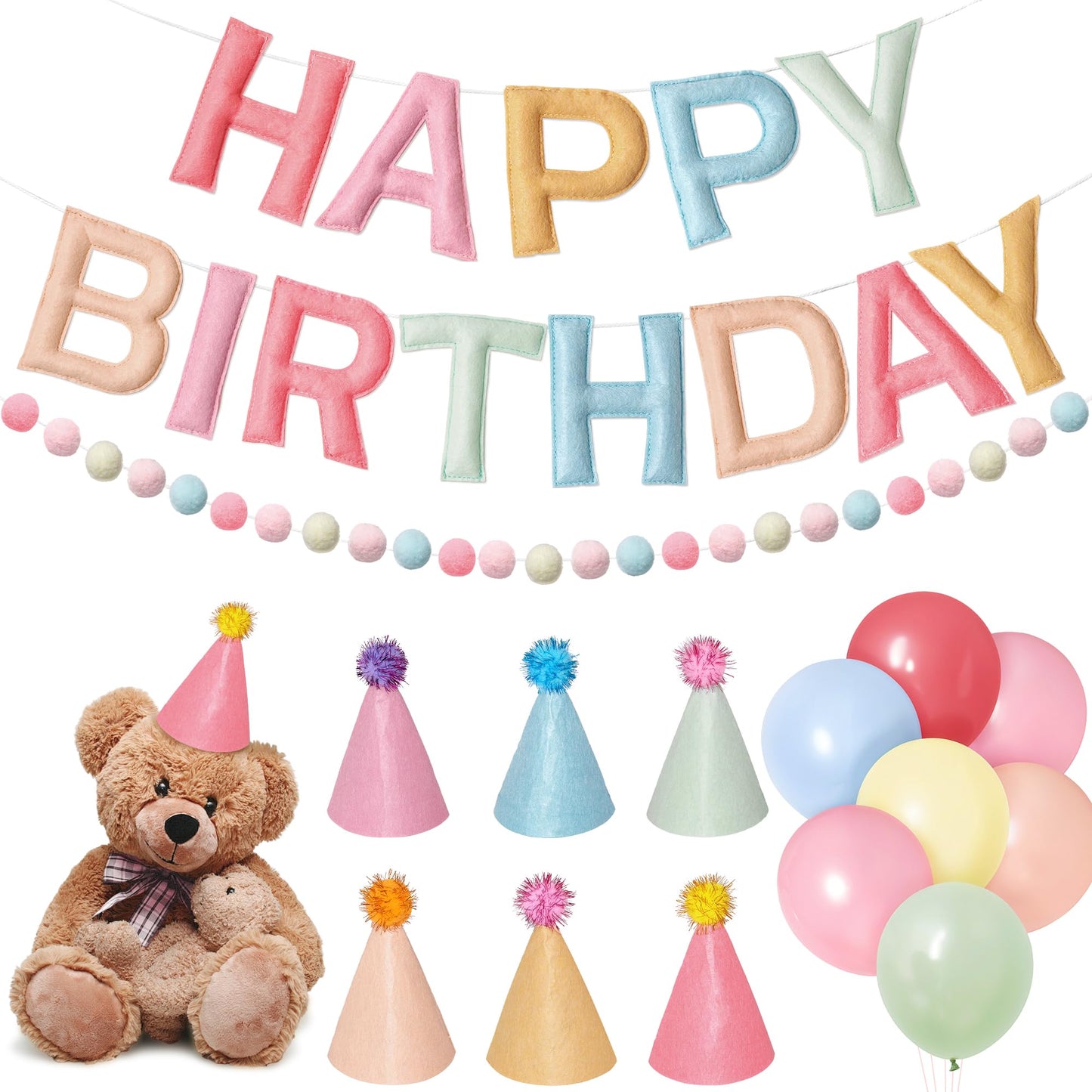 Kriyokiaa Pre-Strung Felt Happy Birthday Banner Retro Pastel Happy Birthday Party Decorations with Party Hats for Stuffed Animals, Pom Pom Garland and Latex Balloons for Women Girls Party Decor