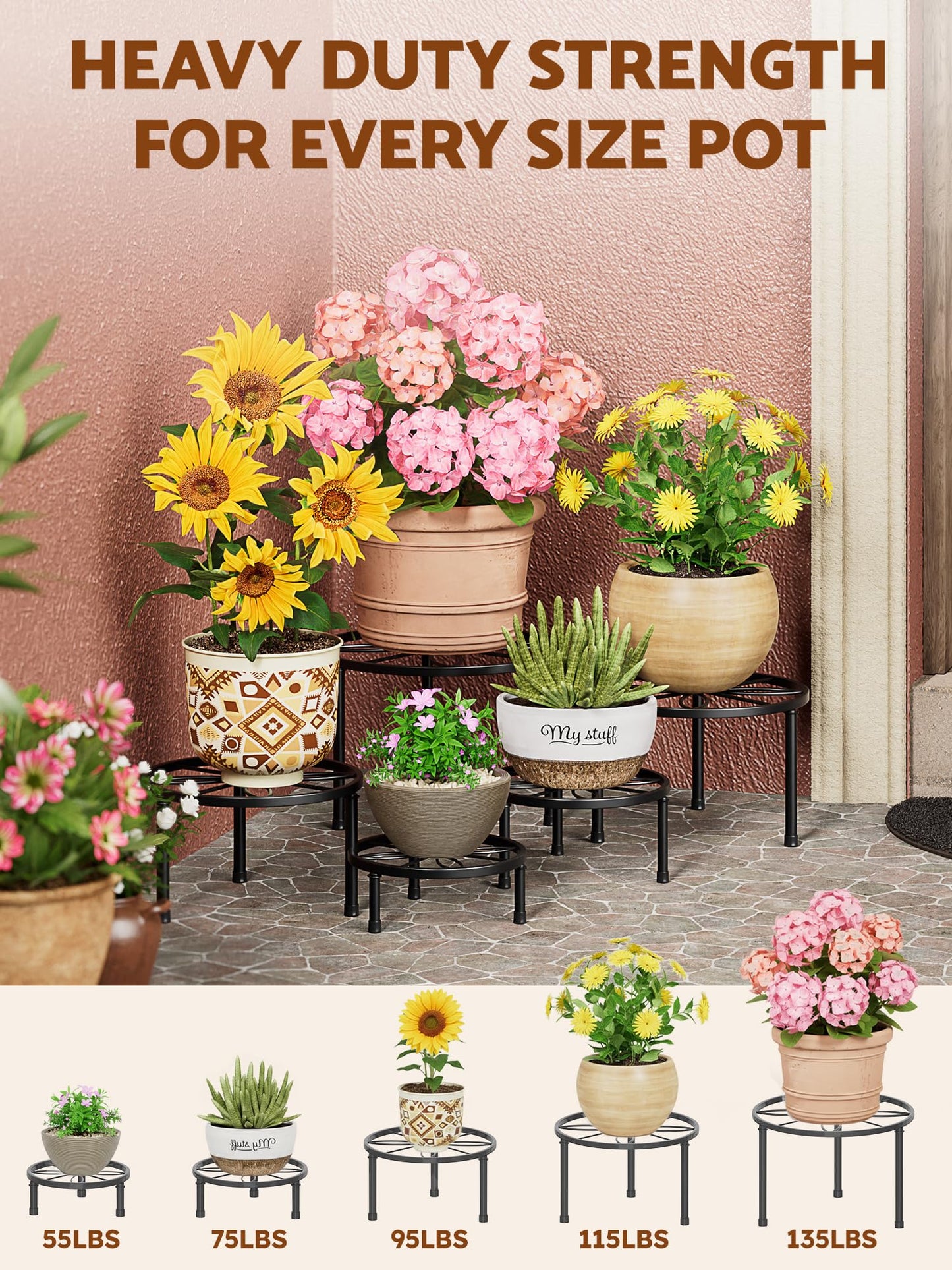 NQW 5 Pack Metal Plant Stand Indoor Outdoor,Indoor Plant Stands for Patio Rustproof,Heavy Duty Flower Pot Stands for Multiple Plant,Black Potted Plant Holder for Home(BlackLeaf)