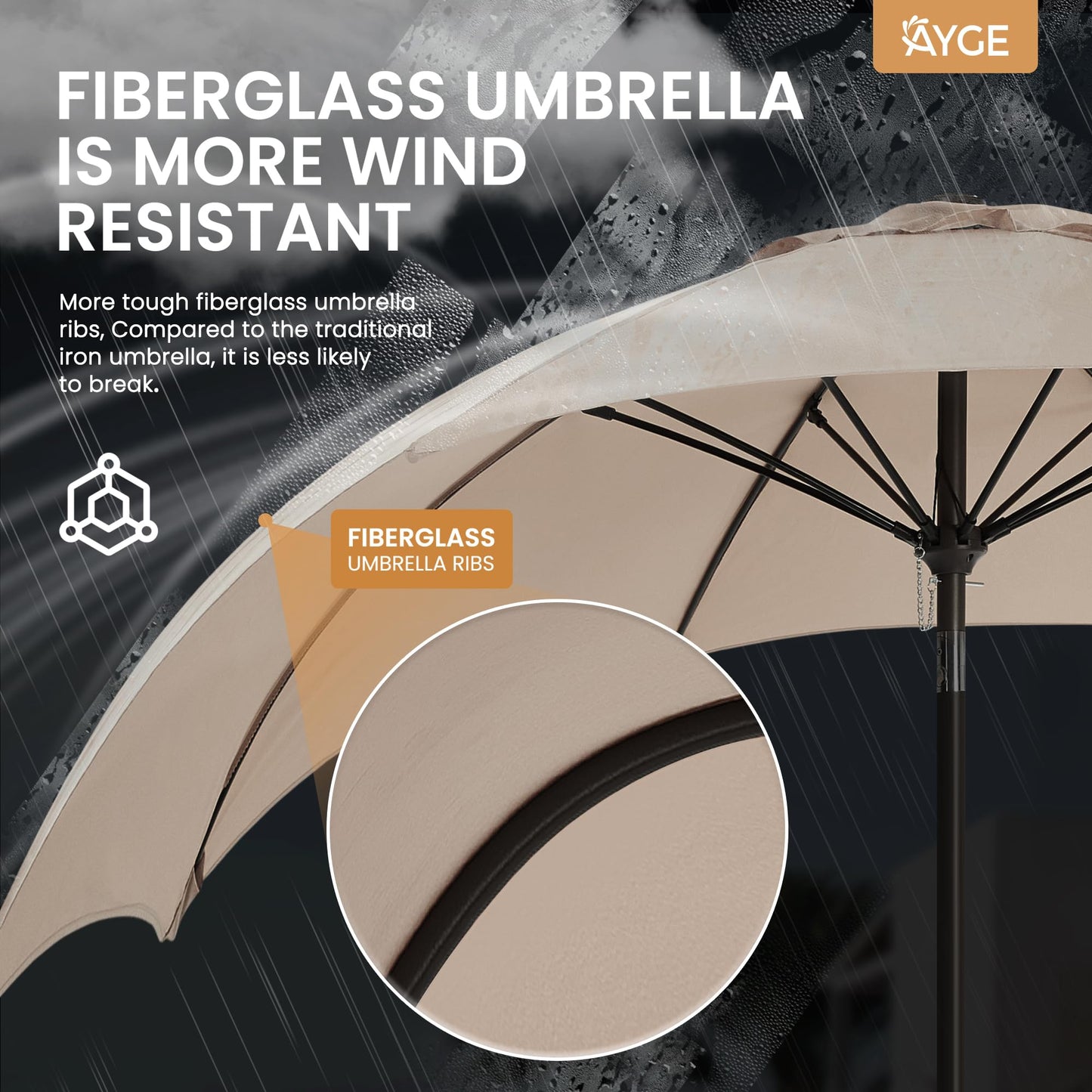 Ayge 7.5FT Large Outdoor Patio Umbrella Market Table Umbrella-UV Resistant, Easy Push Button Tilt and Crank, 6 Sturdy Fiberglass Ribs Heavy-Duty Pool Umbrella for Deck, Backyard,Garden, Yard,Beige
