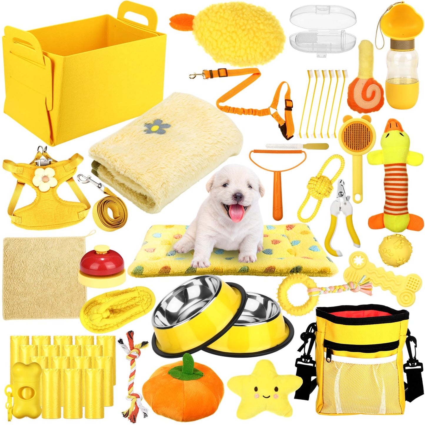 Abbylike 50 Pcs Puppy Supplies Starter Kit for Small Dogs Puppy Essentials Includes Leash, Bowls, Teeth Brushes, Water Bottle, and More Accessories for Dogs Pet Day Welcome Gift(Yellow)