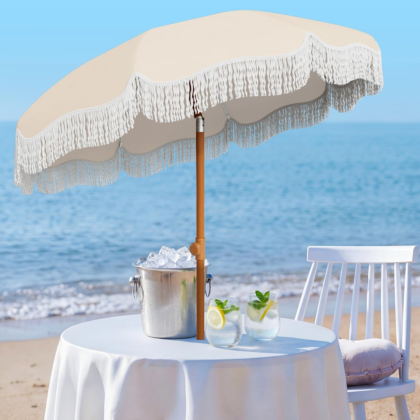 AreShark 7ft Patio Umbrella with Fringe, UPF50+ Beach Umbrella for Table, Pool & Garden, Portable Outdoor Tassels Umbrella w/Fiberglass Ribs&Push Bottom Tilt(Ivory)