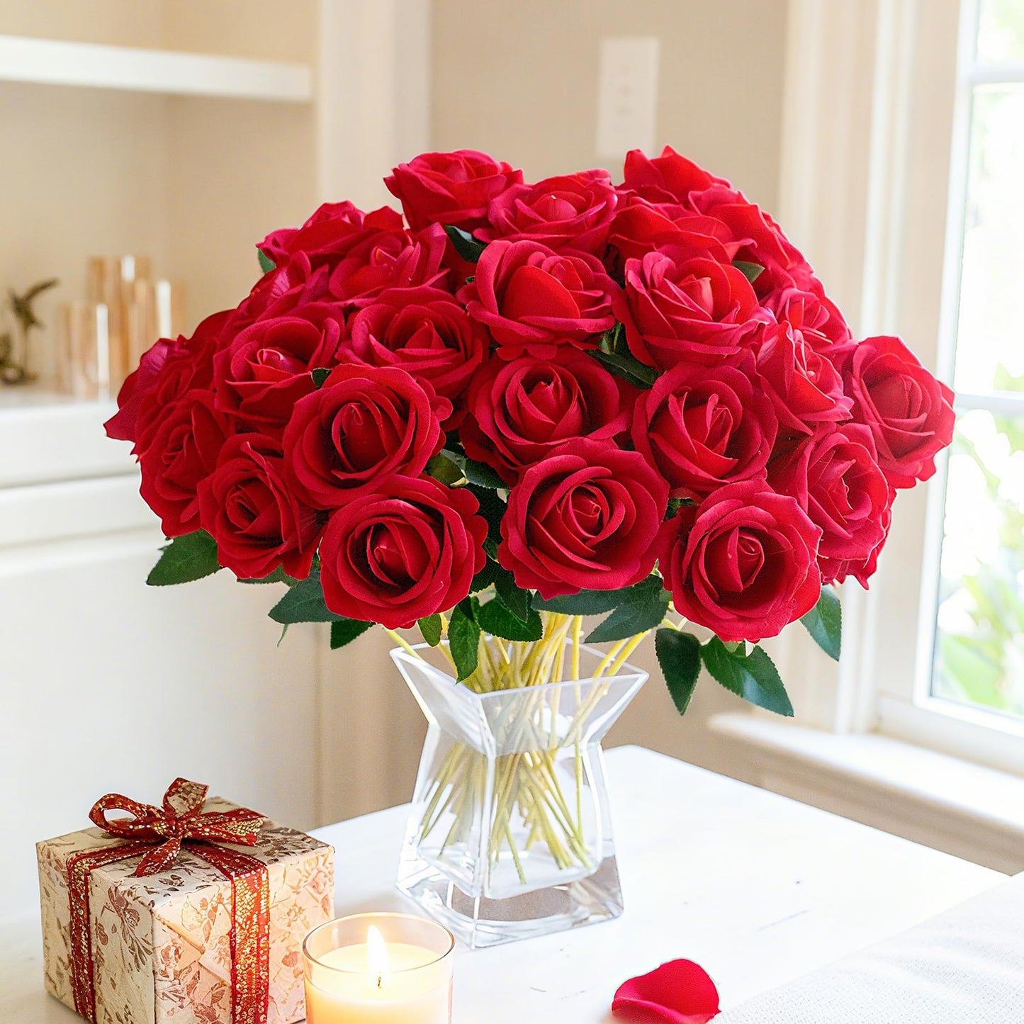 HyeFlora 50 PCS Red Roses Artificial Flowers, Fake Roses with Stems Realistic Silk Roses for DIY Wedding Bouquets Tables Centerpieces Arrangements Party Baby Shower Birthday Home Decor Gift for Her