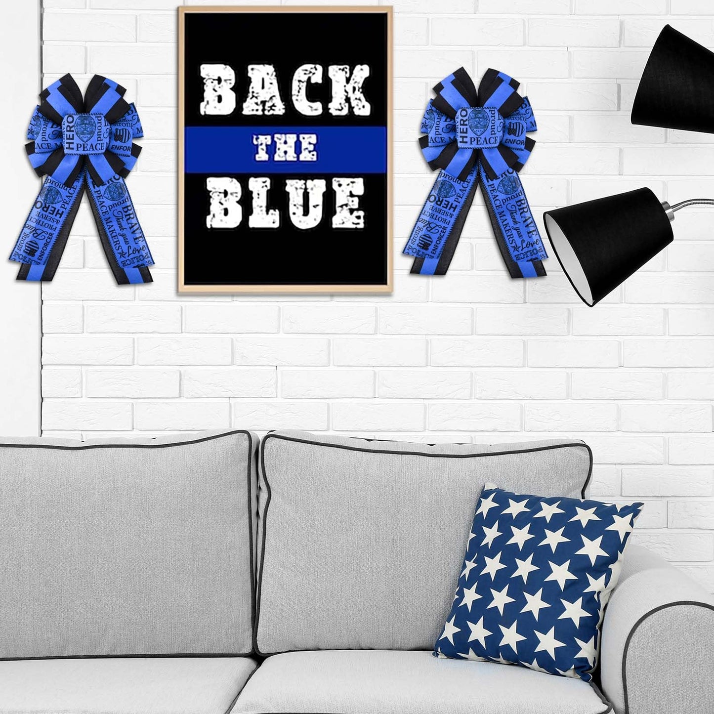 2 Rolls 20 Yards Police Support Wired Edge Ribbon, 2.5"Blue Black Stripe Police Badge Burlap Ribbon Memorial Day Patriotic Ribbons for Wreath Bow Making Police Support Decorations Supplies DIY Crafts