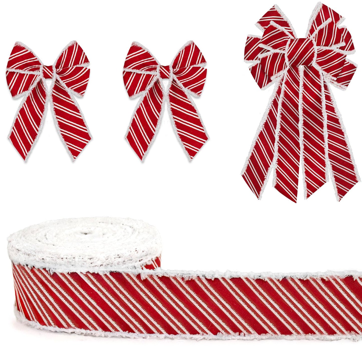 On-Airstore Christmas Fabric Ribbon 50 Yards Red White Stripe Ribbons Wired Velvet Edge Xmas Glitter Burlap Decor Ribbon for Christmas New Year Party Gift Wrapping Craft Hanging Decoration Supplies