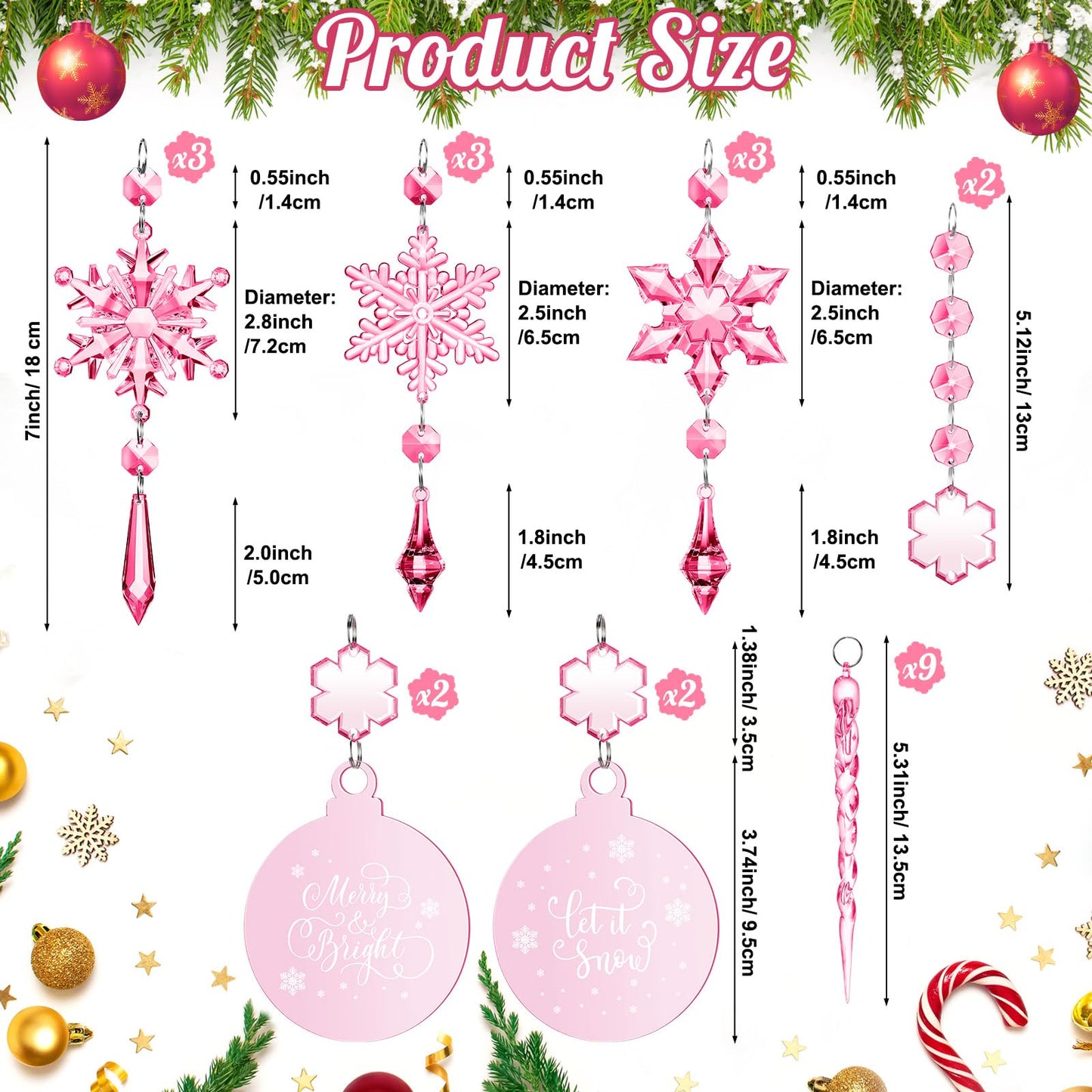 Cinnvoice 24 Pcs Christmas Pink Acrylic Snowflake Ornaments Decoration Set, Crystal Christmas Tree Hanging Pink Clear Flat Ornaments for Xmas Winter Holiday Craft Party Celebration