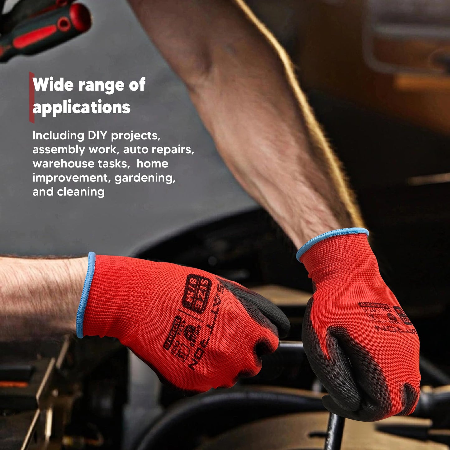 SATTRON Safety Work Gloves PU Coated, 12 Pairs Seamless Knit Gloves with Polyurethane Coating Working Gloves Excellent Grip for Men & Women, Breathable, Ideal for General Duty Work DIY (Red, Medium)
