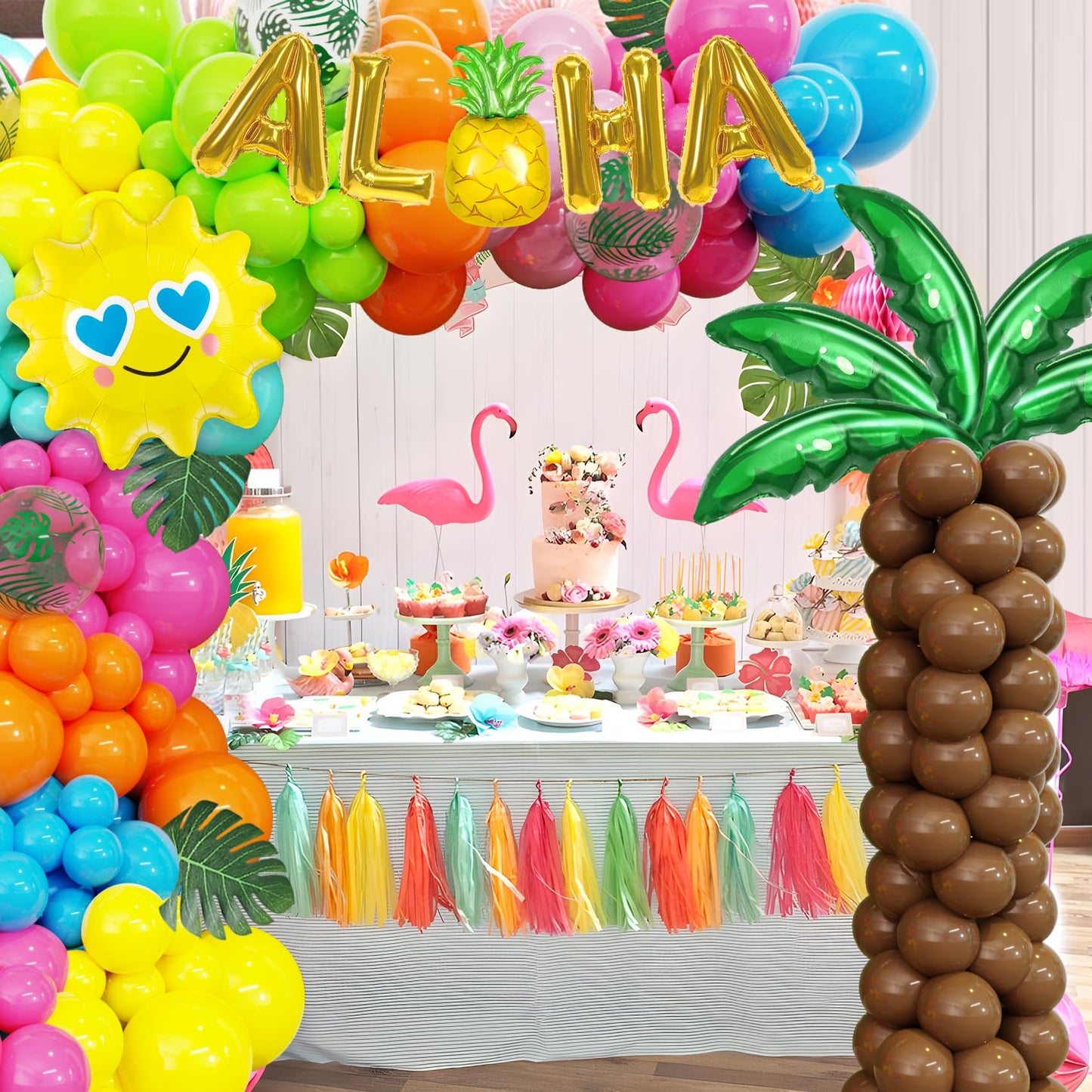 Amandir 160Pcs Hawaiian Tropical Beach Luau Balloon Garland Arch Kit Party Decorations with Aloha Green Palm Tree Pineapple Foil Balloon for Summer Birthday Party Decorations