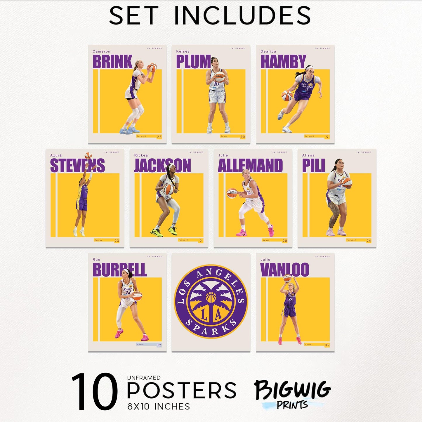 BigWig Prints LA Sparks Basketball Posters Set - Cameron Brink and Kelsey Plum Wall Art for Girls Bedroom and Home Gym WNBA Merch and Team Decor 8x10 Inches Unframed