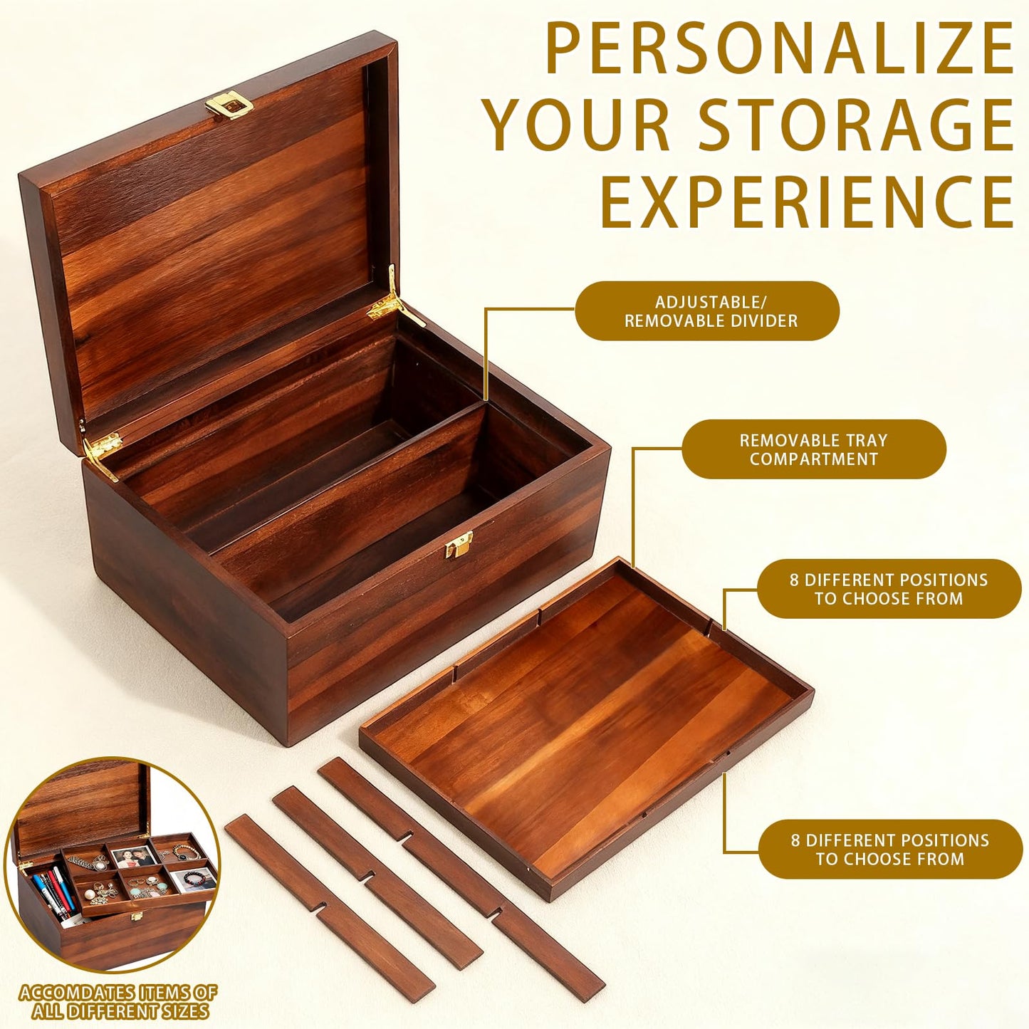 NLGQ Large Wooden Storage Box with Adjustable Tray, 12.5 IN Acacia Wood Keepsake Box with Lid for Storage Trinkets, Jewelry, Card, Photo, Wooden Decortive Case for Home 12.5x9.4x6.1 IN -WB006-X Large