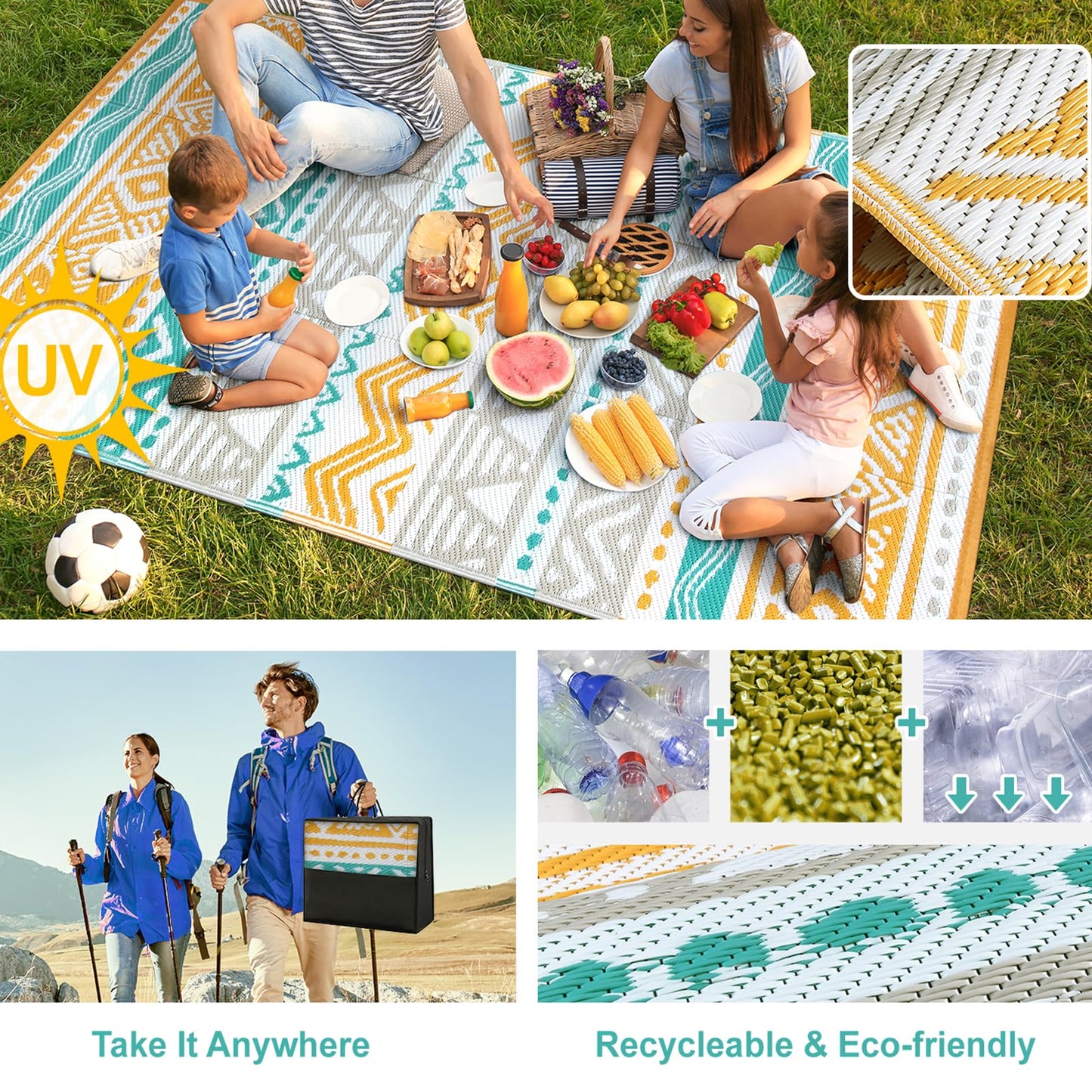 Lahome Outdoor Rug Waterproof, 5x8ft Reversible Outdoor Plastic Straw Rug for Camping Patio, RV Outdoor Rugs Outside, Outdoor Carpet for Porch Deck Backyard Balcony Picnic(Blue/Yellow,5'x 8')