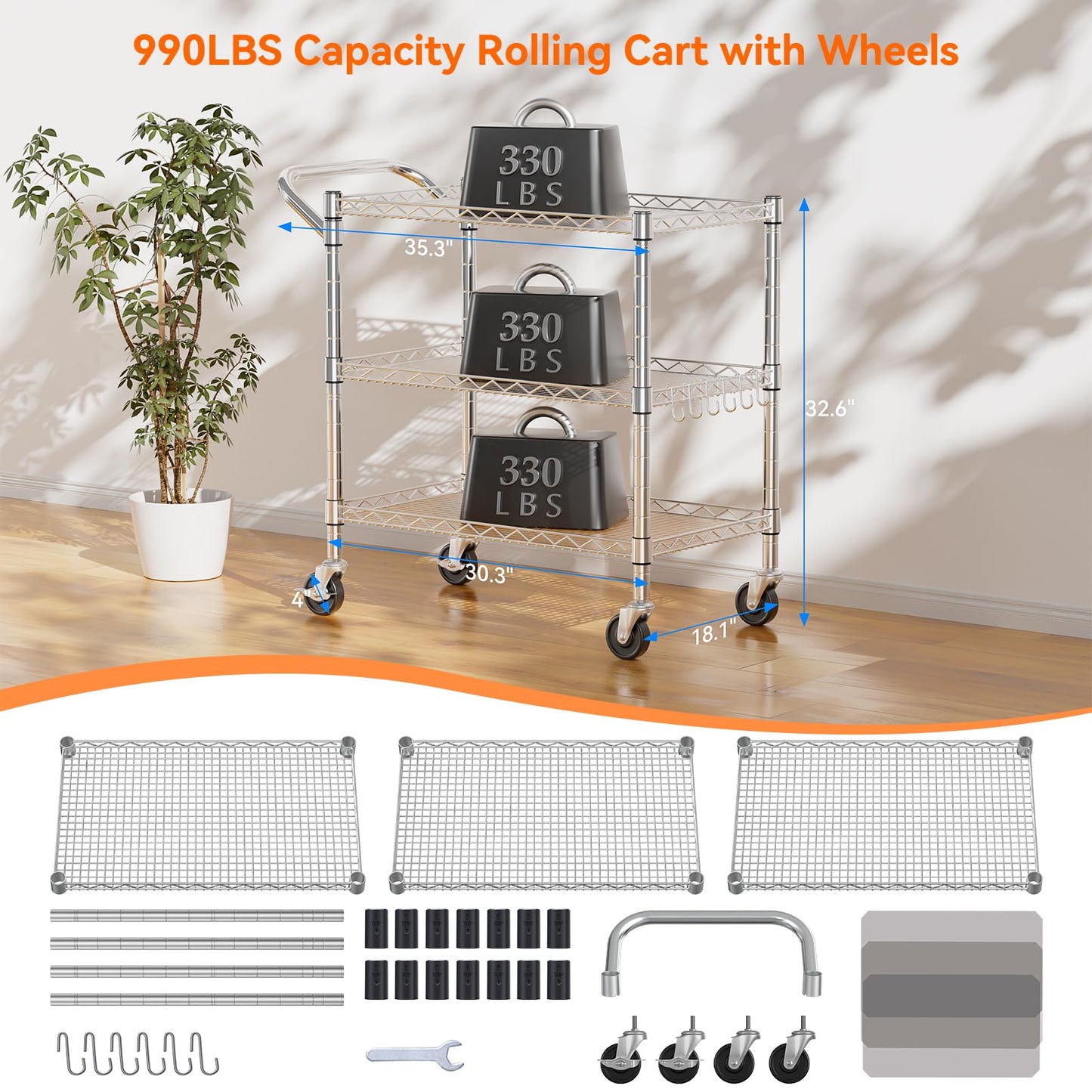 NTE 3 Tier Heavy Duty Rolling Utility Cart on Wheels, 990Lbs Capacity Rolling Wire Cart, Kitchen Carts on Wheels, NSF Commercial Metal Serving Cart with Handle and Shelf Liners for Kitchen, Restaurant