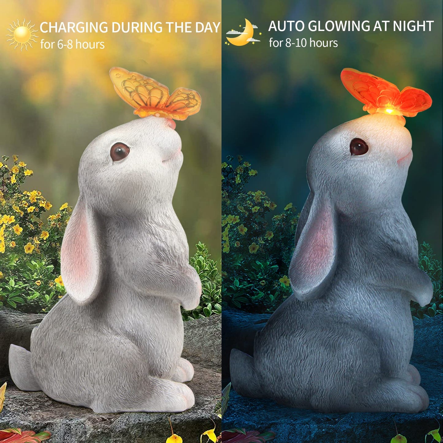 PaLuQiYa Garden Statue Outdoor Decor-Rabbit with Solar Butterfly Changing Lights Garden Statues,Bunny Statue for Patio,Balcony,Yard,Lawn Ornament,Gardening Gifts for Mom Grandma