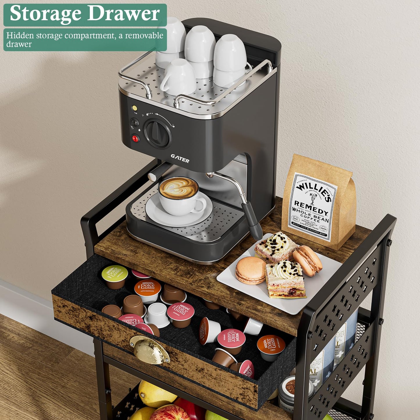 XYZLVSI 4 Tier Rolling Utility Cart Organizer with Removable Drawer, Small Coffee Stand Station with Wheels, Metal Craft Storage Cart for Living Room, Entryway, Bathroom, Office, Makeup
