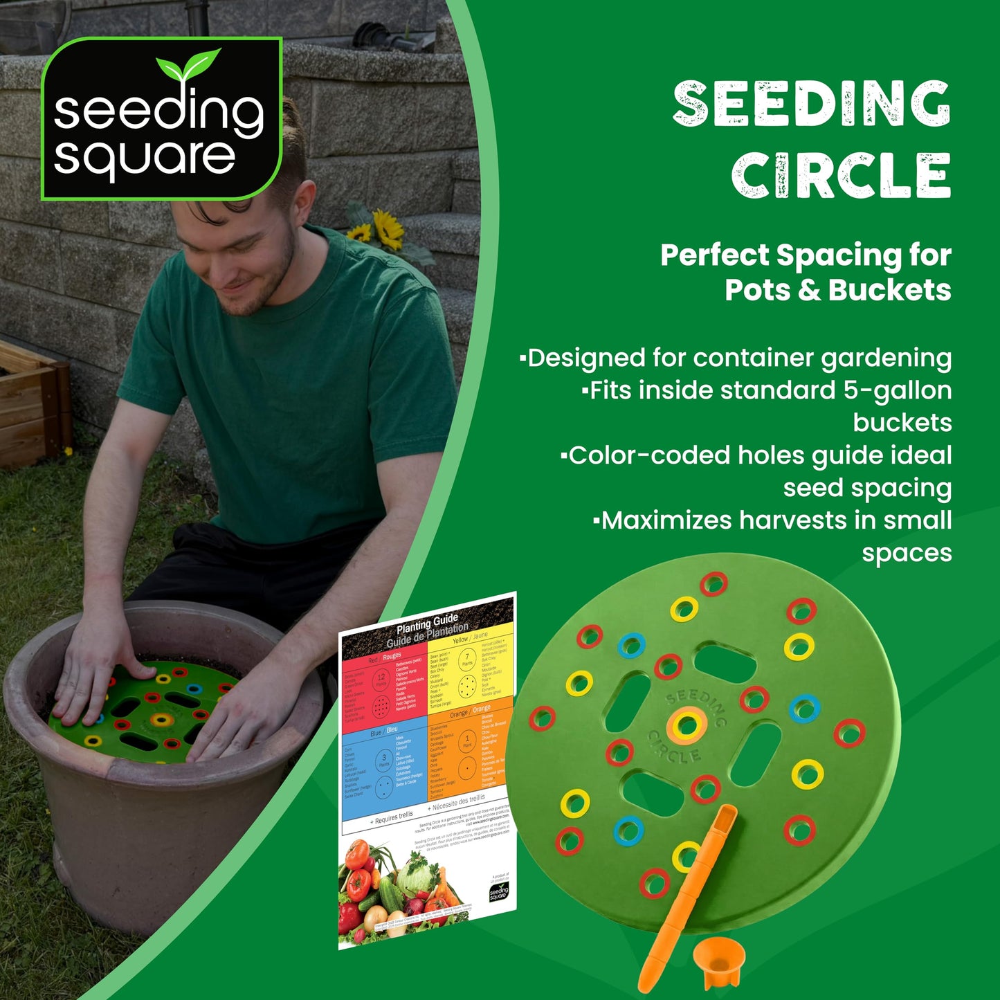 Black Harvest Apron + Seeding Circle + Pokey Planter Bundle – Garden Apron with Seed Spacing Template & Dibber Tool for Container Gardening