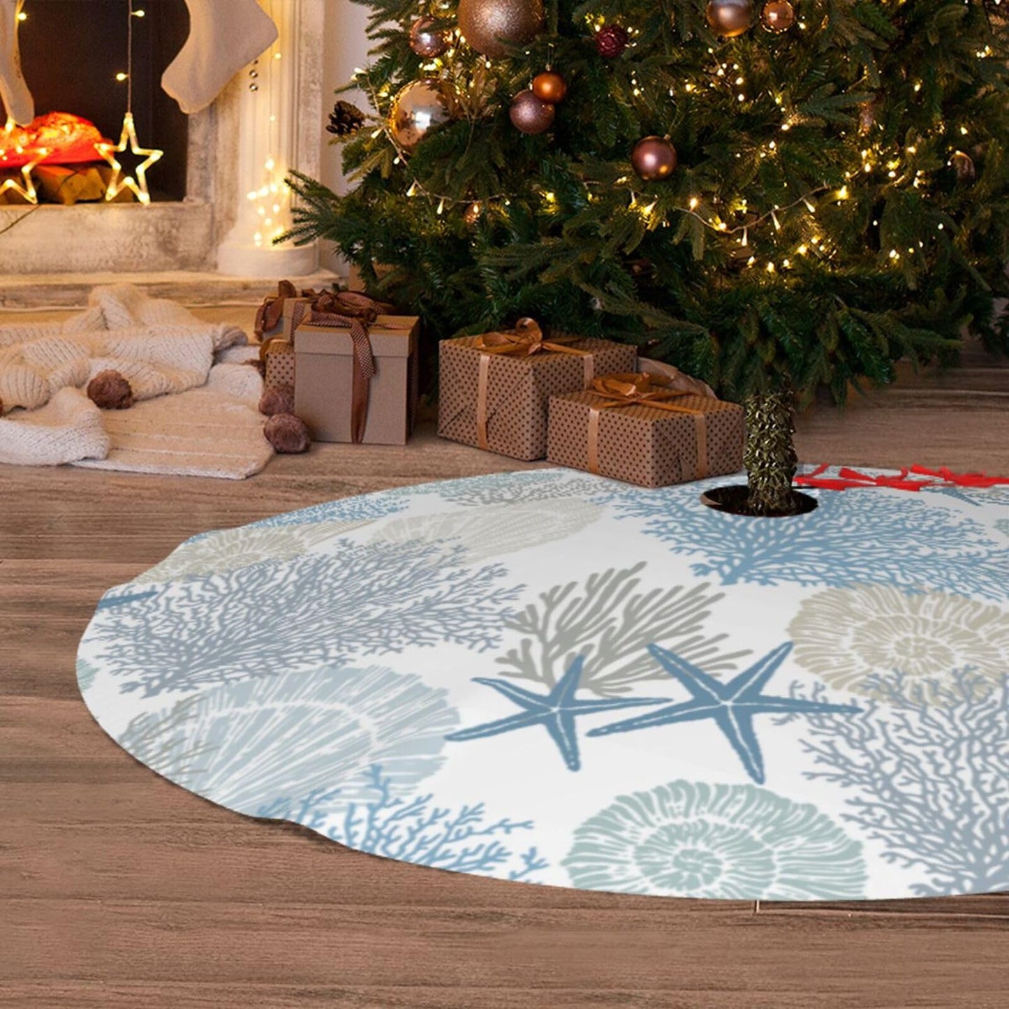 Ocean Sea Shell Starfish Coral Coastal Nautical 36 Inch Christmas Tree Skirt Carpet Mat Funny Party Soft Cover Mat Decor Supplies for Xmas Halloween Decorations Occasion Farmhouse