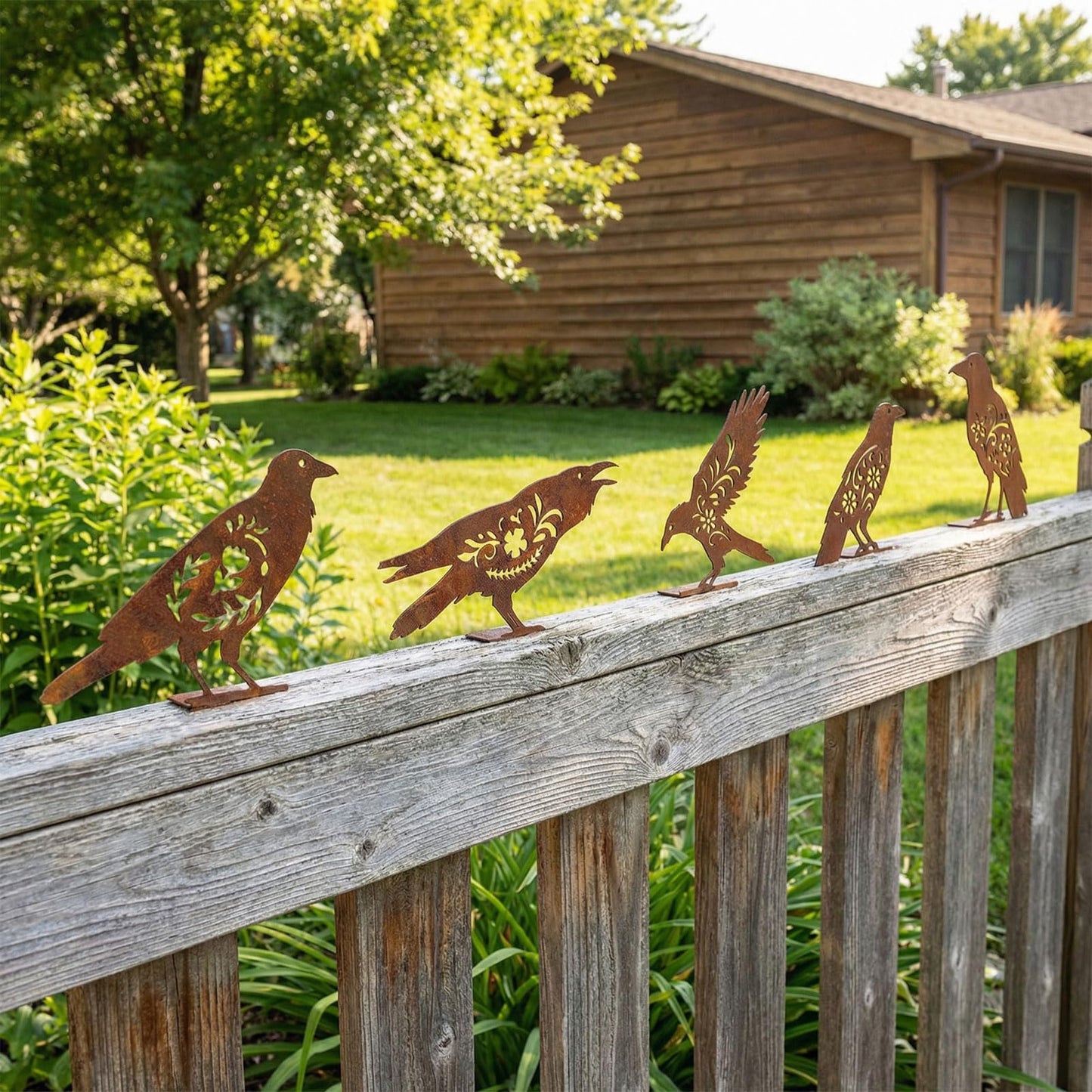 AIM & GGKK Rusty Metal Birds Yard Decor, Set of 5 Metal Bird Silhouette Statues for Garden Fence Yard Art, Rustic Outdoor Garden Sculptures Decorations