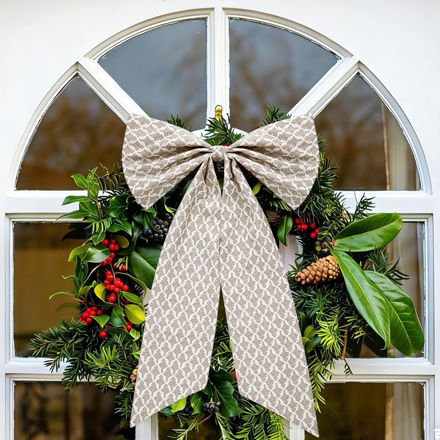HunnmingRe 2 Pcs Driftwood Block Print Bow Wreath Sash 24 x 16 Inch Christmas Wreath Sash for Front Door Holiday Floral Burlap Bow Accessories for Doorway Indoor Outdoor Garland Home (Beige)