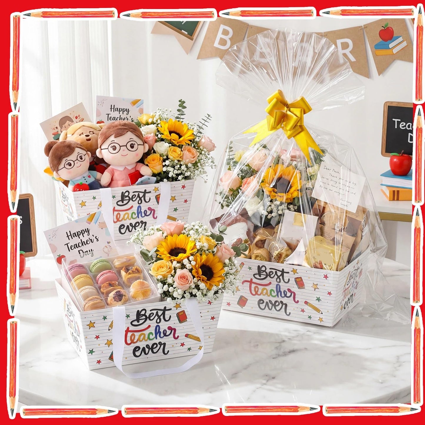 Moinchore 12 Set Teacher's Day Basket for Gifts Empty 9.8x6.5'' Best Teacher Ever Market Tray Cardboard with Bows, Cellophane Bags, Twist Tiles, Empty to Fill for Birthday Holiday Party Supply