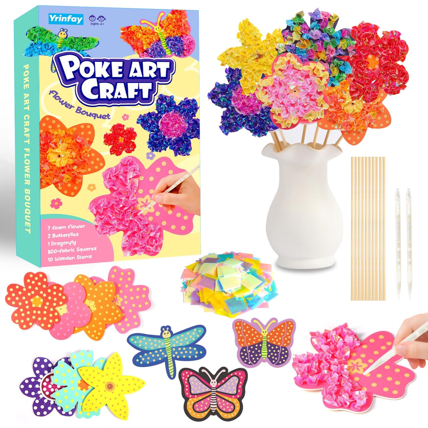 Yrinfay Poke Arts and Crafts kit for Kids, DIY 7 Flowers & 2 Butterflies & 1 Dragonfly, Mess Free Creative Game Toys for Girl 6-8 8-12, Gifts for Boys & Girls Ages 6 7 8 9 10 11 12 Years Old