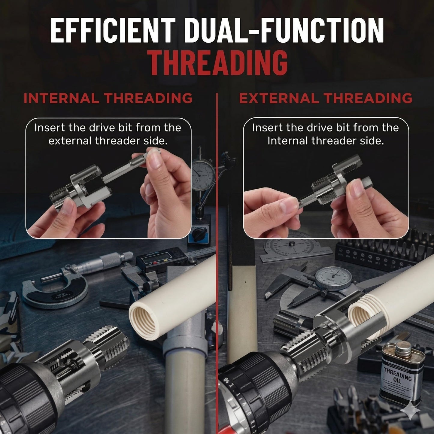 Premium 2 Packs PVC Pipe Threader 1/2 and 3/4 For Integrated Internal & External Threading Tool Break-resistant Rust-resistant Cutter Machuelos Tubo Set npt Dual-function Kit Opener