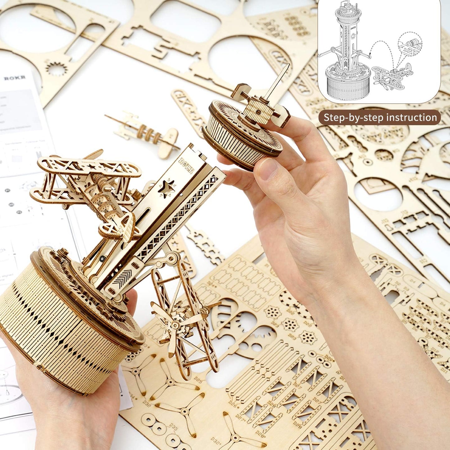 ROKR 3D Wooden Puzzle for Adults Airplane Tower Music Box - DIY Mechanical Model Building Kit 10", Birthday Gifts for Men/Women/Parents/Family