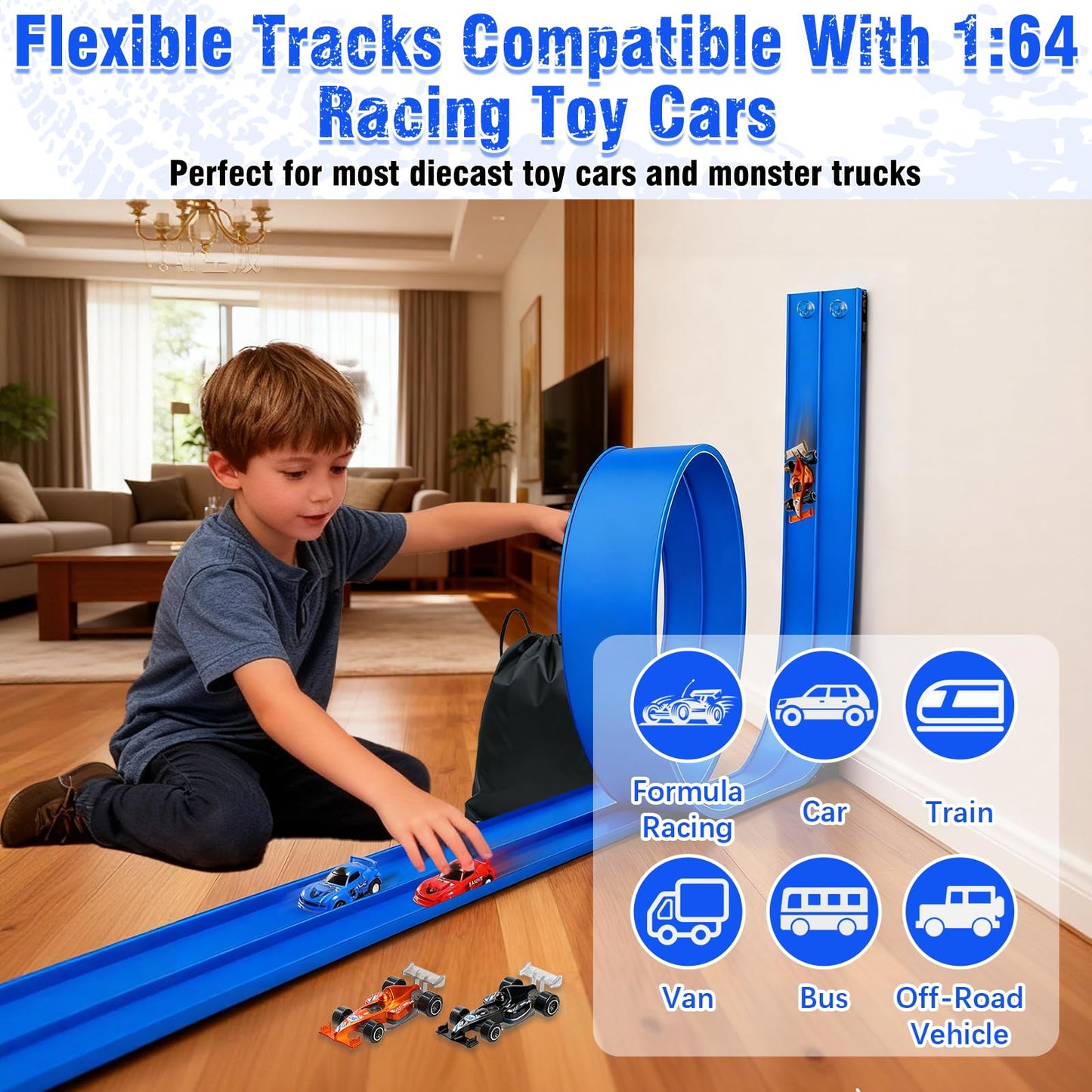 20 Ft Flexible Race Track Toys, Flex Race Car Ramp Track with 4 Race Cars & Suction Cups Rolls Up Portable DIY Race Track Anti Gravity Car Track Set,Kids Racecar Track Toy(Blue)