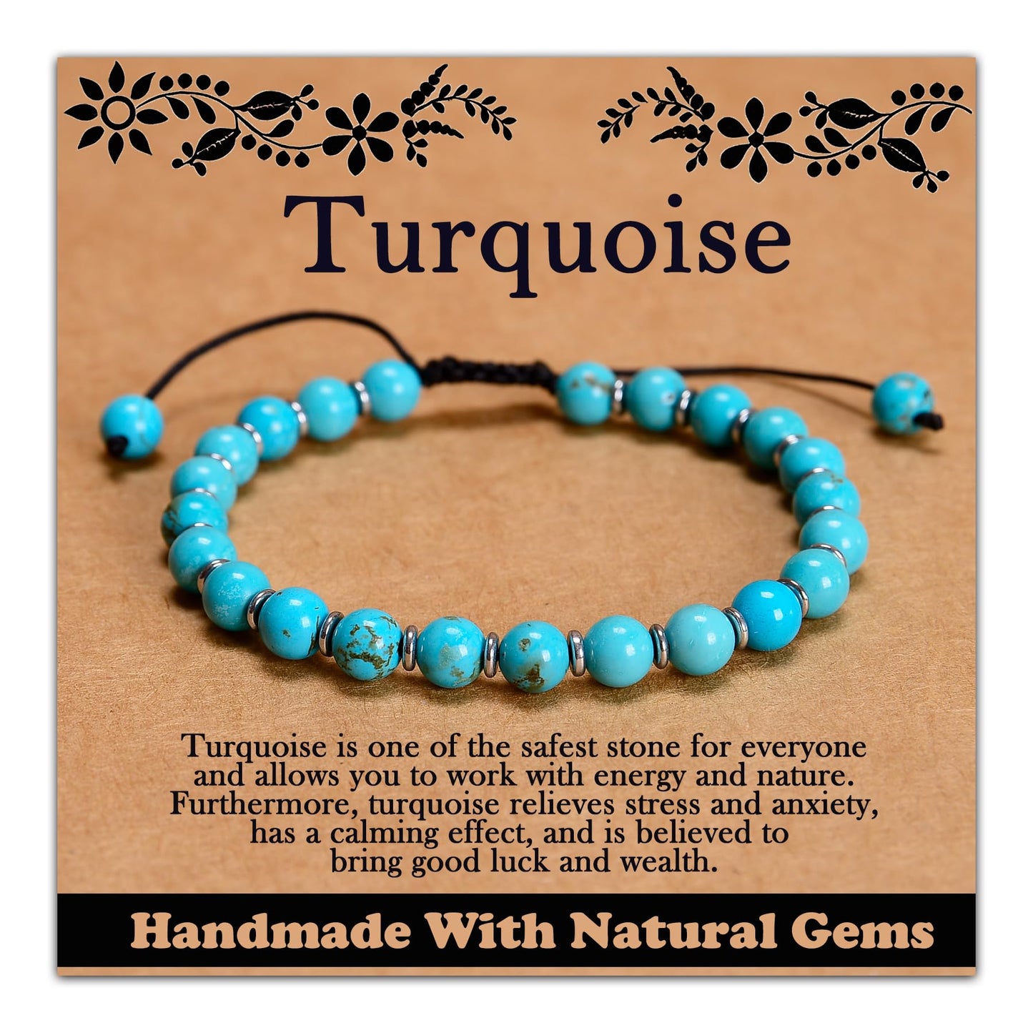 CHCCOYE 6mm Handmade Adjustable Natural Gemstone Crystal Bracelet Healing Power Energy Inspirational Gifts with Card for Unisex (Turquoise)