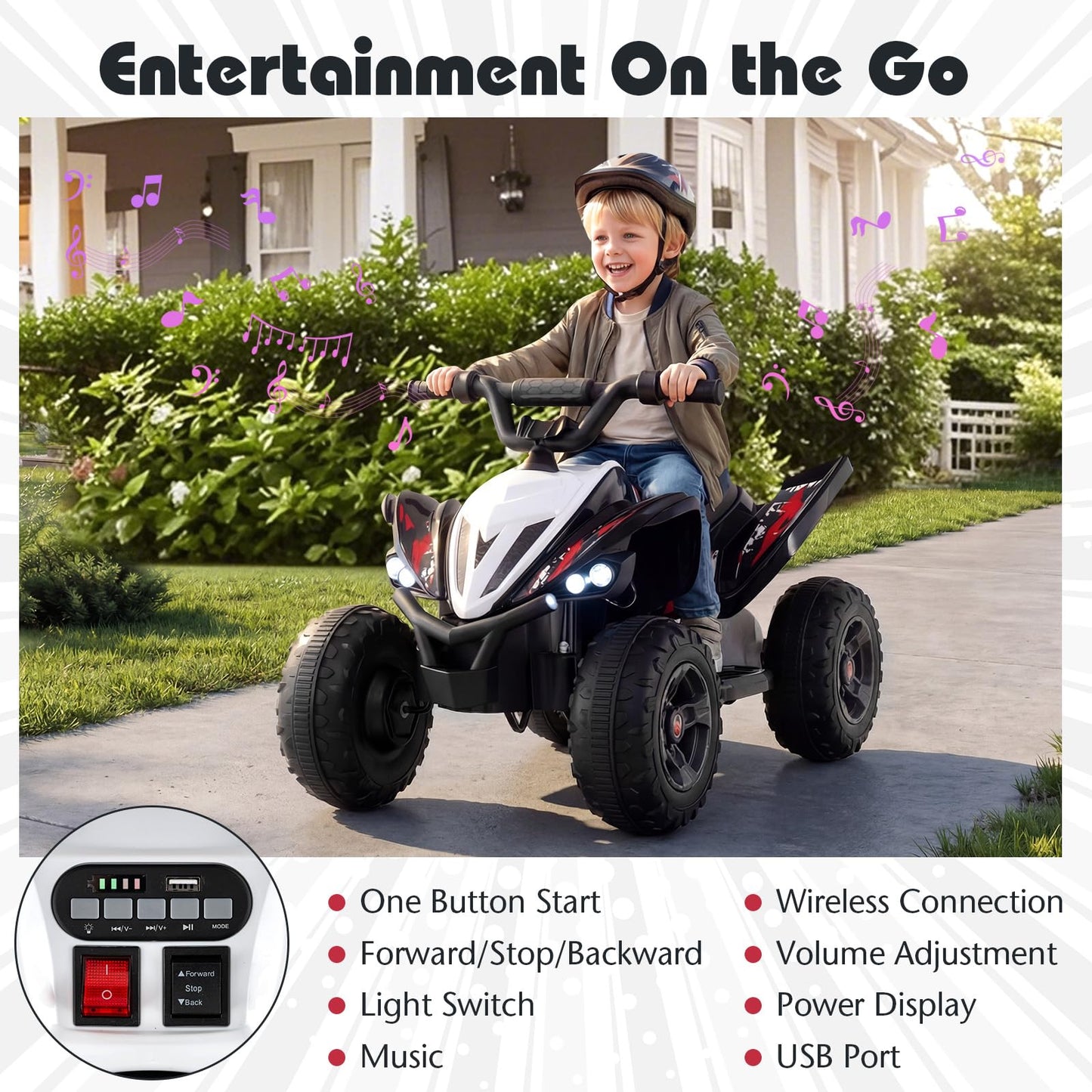 Costzon Kids ATV, 12V 4-Wheeler Quad Electric Vehicle w/ 7 mph Max Speed, 15° Climbing, LED Lights, Music, Wireless Connection, Toddler Ride On ATV Toy, Gift for Boys Girls Aged 3+ (Deep Black)