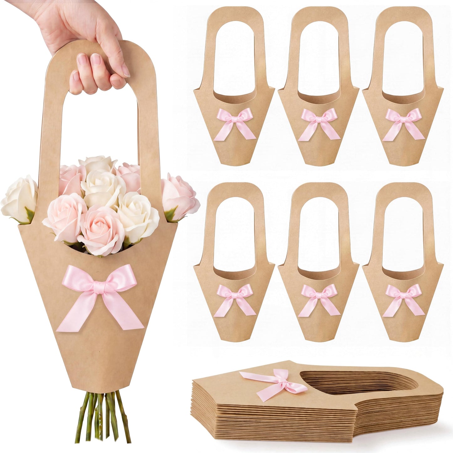 Mooliwe 20 Pcs Wedding Flower Bouquet Holder with Bow Flower Paper Gift Bags with Handles Kraft Packaging Wrap Bags for Florist Wedding Birthday Baby Shower Small Business Party Decor