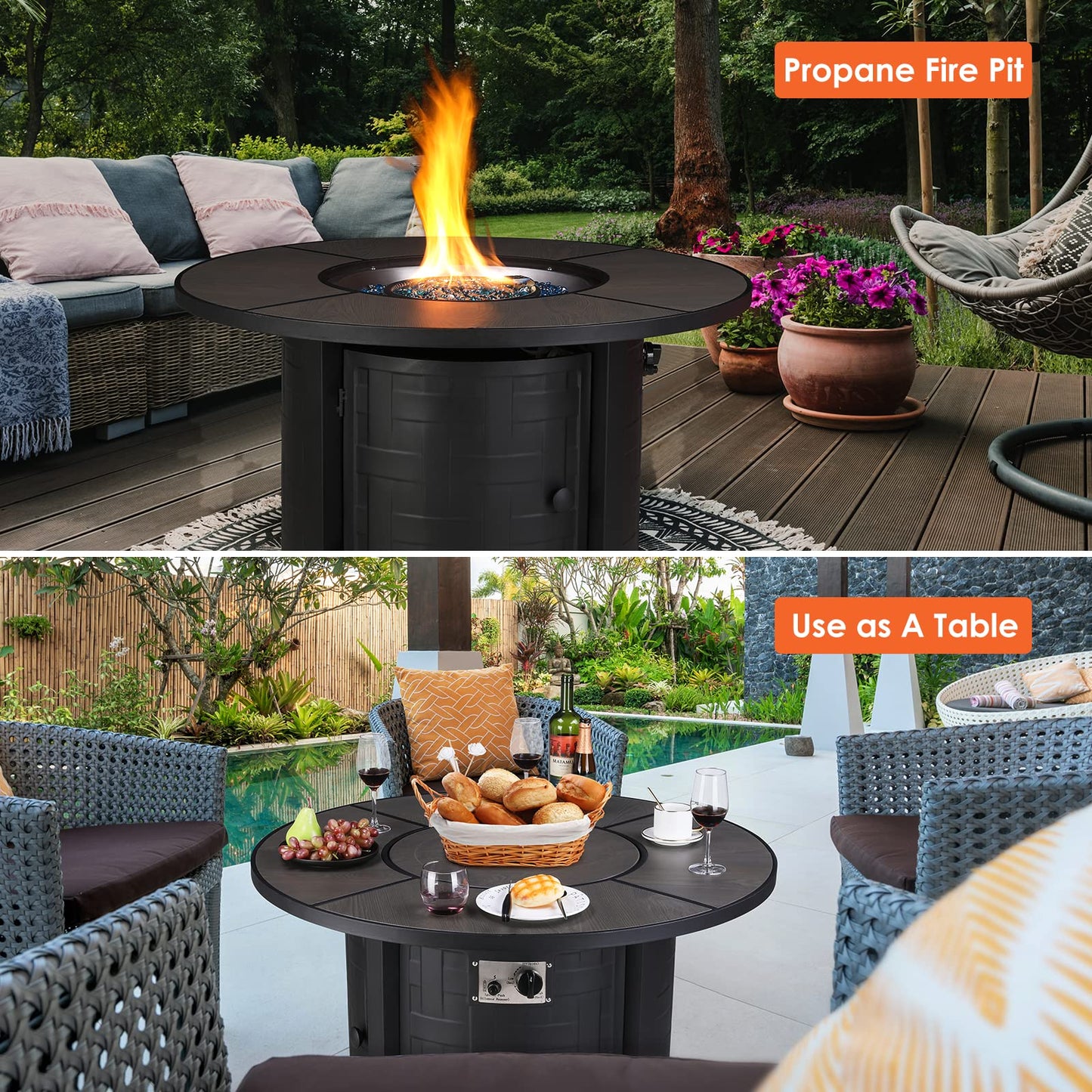 TLGREEN Propane Fire Pit Table 42 Inch Round – 50,000 BTU Outdoor Fire Pit with Lid, Converts to Patio Coffee Table, Certified, Includes Waterproof Cover & Blue Fire Glass