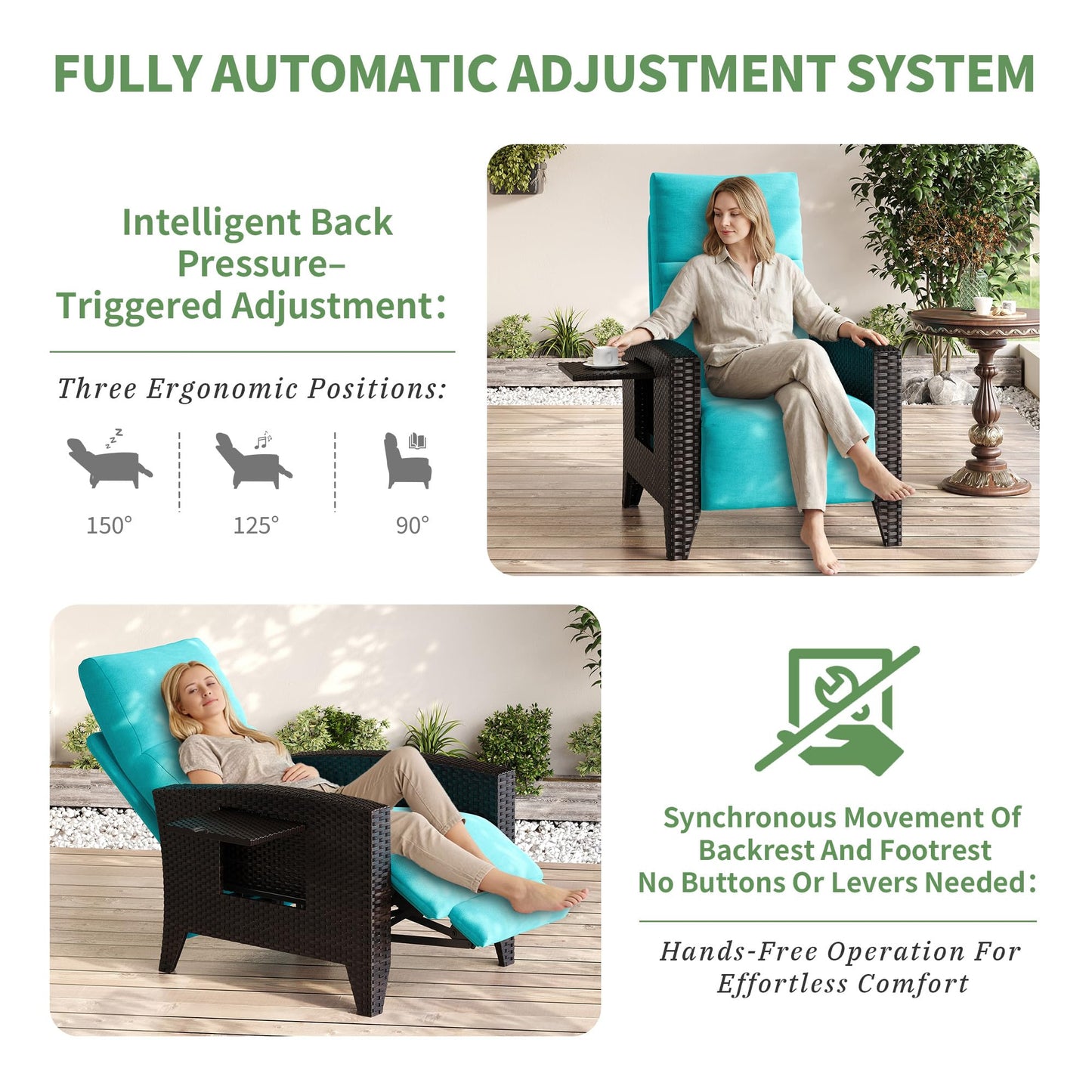 IDEALHOUSE Wicker Outdoor Recliner Reclining Patio Chair with Adjustable Back & Footrest 150° Lay-Flat Reclining with Air Pump Rattan Flip-Up Side Table Outdoor Lounge Chair for Pool Deck Balcony