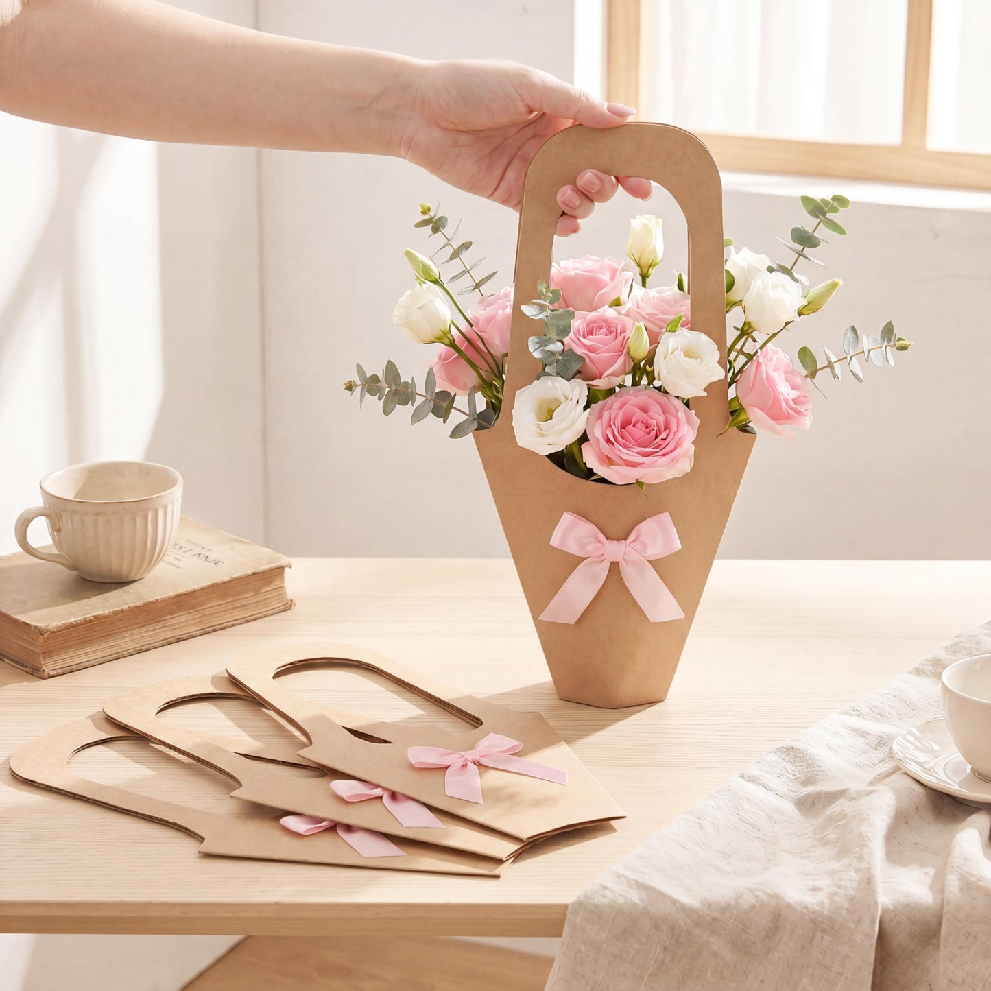 Mooliwe 20 Pcs Wedding Flower Bouquet Holder with Bow Flower Paper Gift Bags with Handles Kraft Packaging Wrap Bags for Florist Wedding Birthday Baby Shower Small Business Party Decor