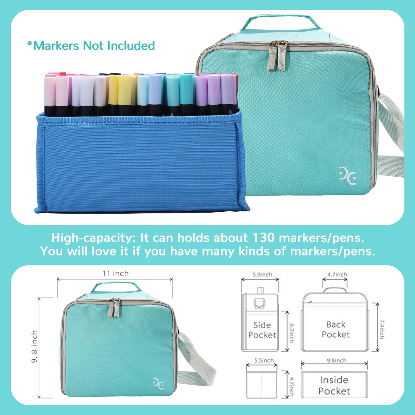 Togood Marker Organizer Bag - Large Storage Crossbody Tote for Marker Pens 130PCS+, Portable Art Supplies Case for Pens, Pencils, Books. Light Green