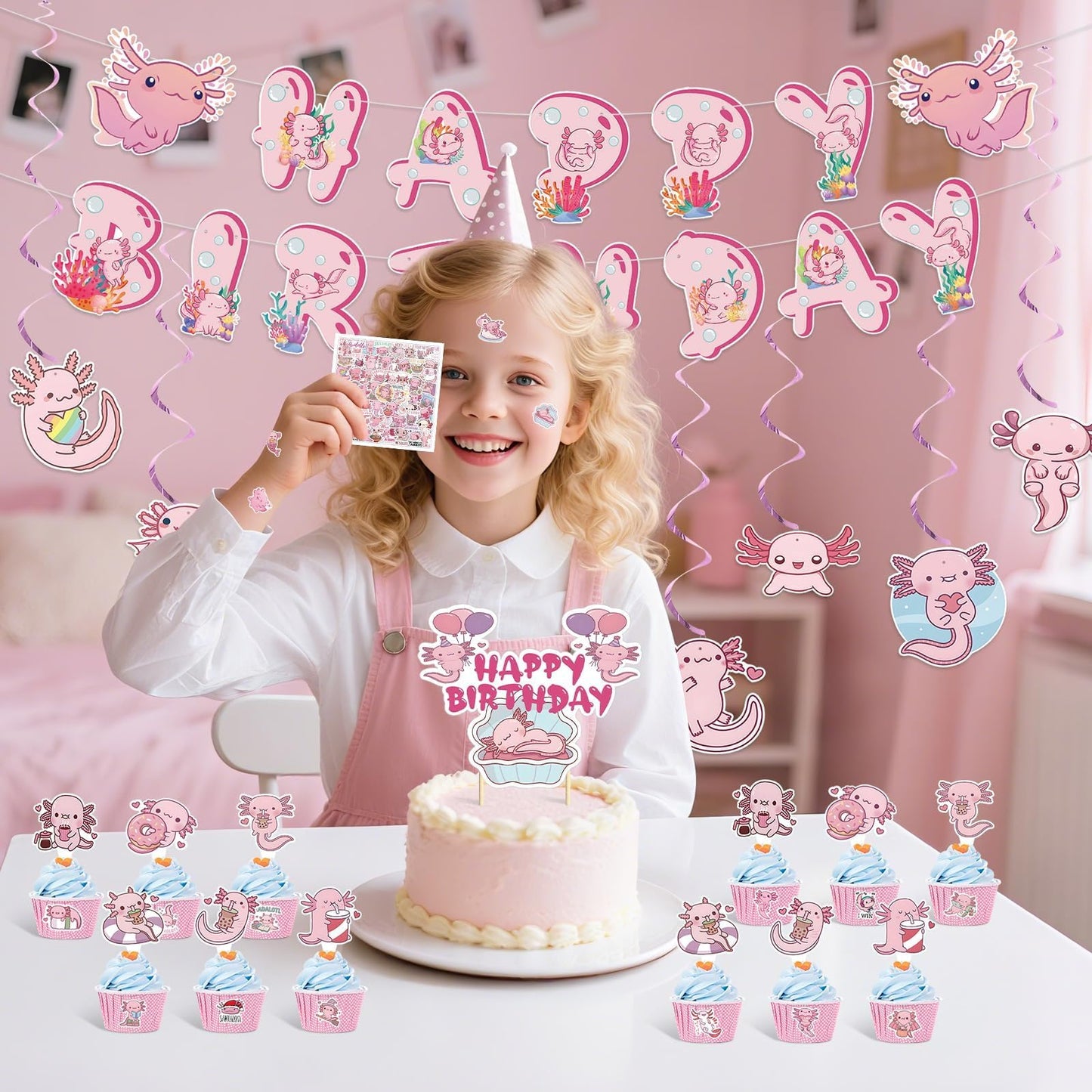 NeusWonder 120 PCS Axolotl Birthday Party Decorations Kit Axolotl Banner, Cake Topper, Cupcake Toppers, Hanging Swirls & Stickers Cute Axolotl Theme Party Supplies for Birthday, Party Decor