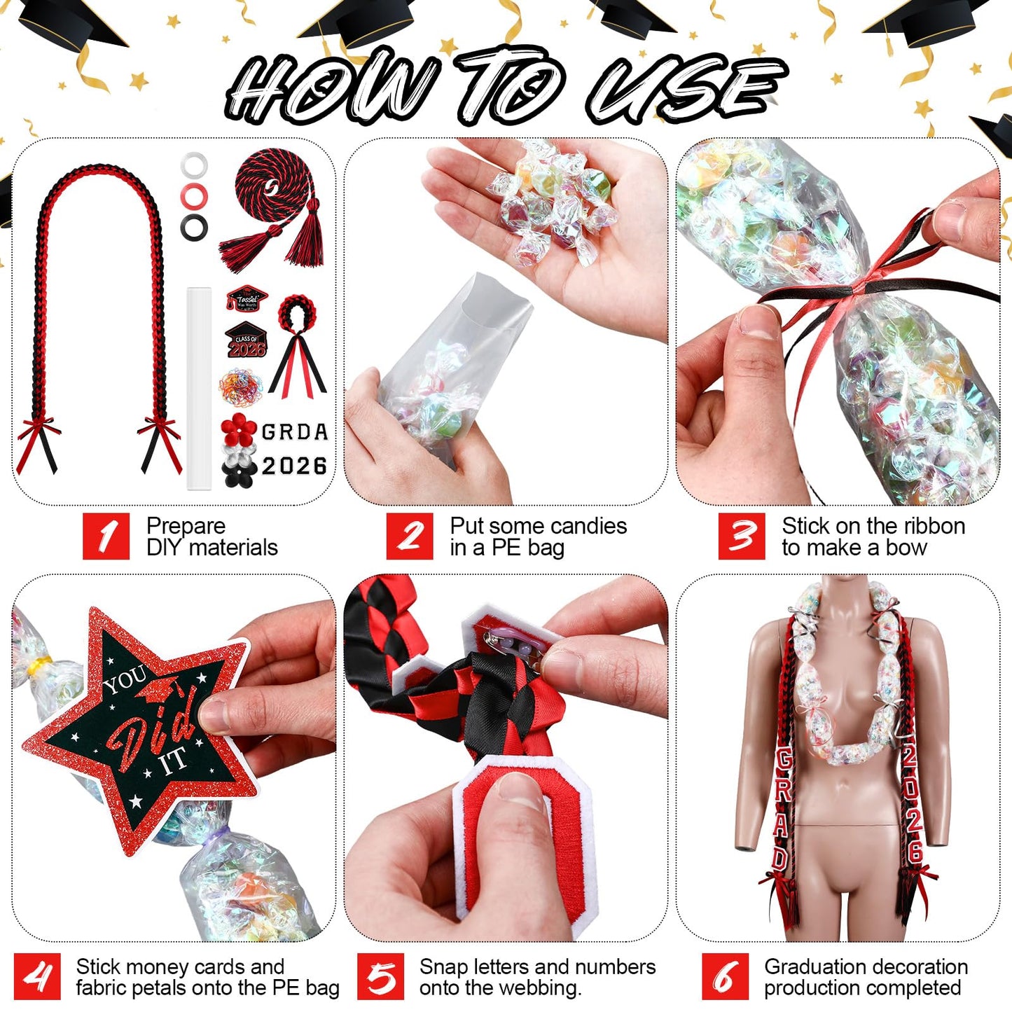 Graduation Candy Lei Making Kit Class of 2026 DIY Lei PE Bags Tubing Money Leis 2026 Graduation Ribbon Necklace Include 2 x 5 ft PE Bags 90 Pcs Flower Accessories for Grad Party Supplies (Black, Red)