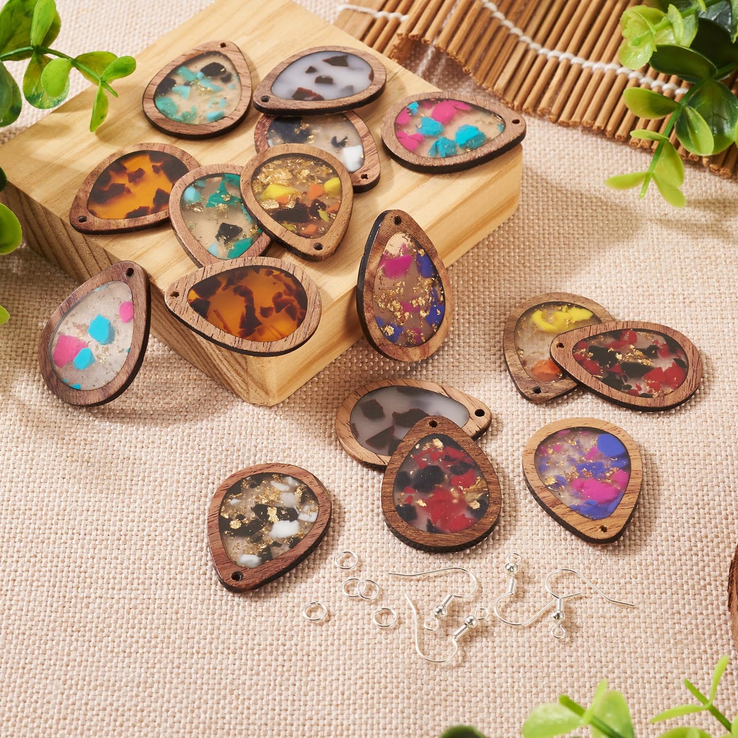 Boutigem 56Pcs Wood Dangle Earring Charm Kit with Teardrop Resin Wood Pendants Earring Hooks Jump Rings for DIY Women Jewelry Making Necklace Keychain Decor