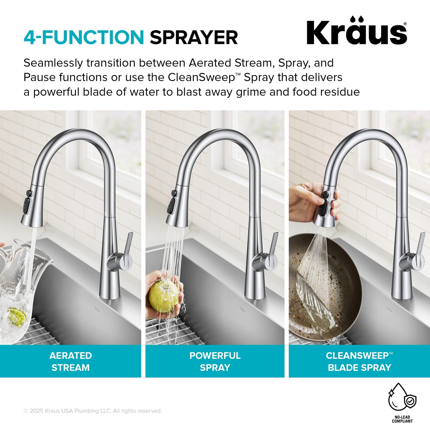 KRAUS Odelia 4-Function Single Handle Pull Down Kitchen Faucet in Spot-Free Stainless Steel with CleanSweep Blade Spray, KPF-3220SFS
