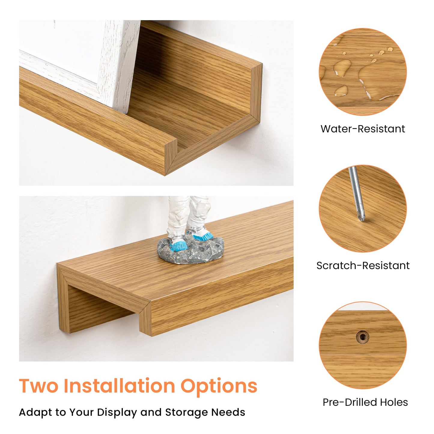 RICHFOCUS Picture Ledge Shelf, 16 inch Floating Shelves Set of 2, Wood Wall Shelves with Lip, Wall Decor Storage for Bedroom Living Room Bathroom Kitchen Nursery Photo Picture, Oak