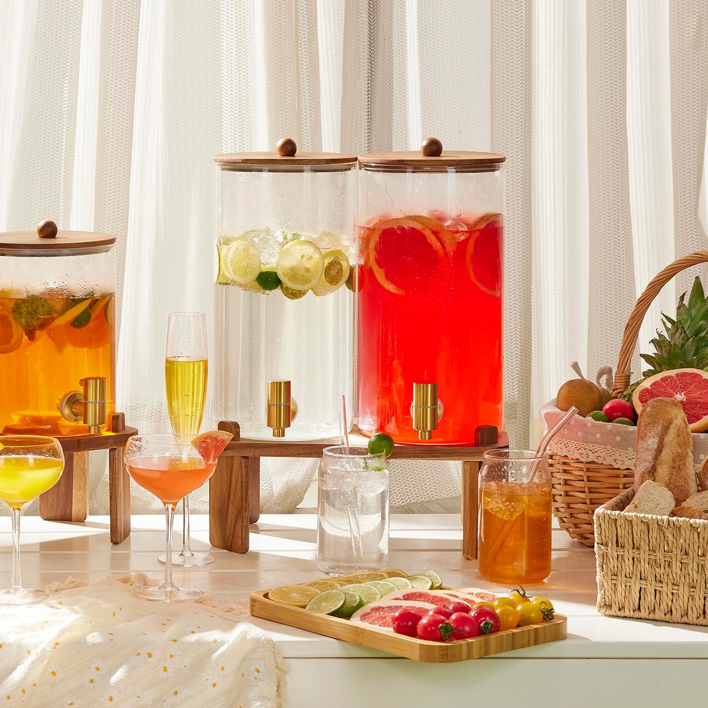 2 PCS 1.5 Gallon Drink dispenser, Glass Beverage Dispenser With Wood Stand, Large Water Drink Dispensers for Parties With Stainless Steel Spigot, Ideal for Lemonade,Juice, Tea, and Party Drinks