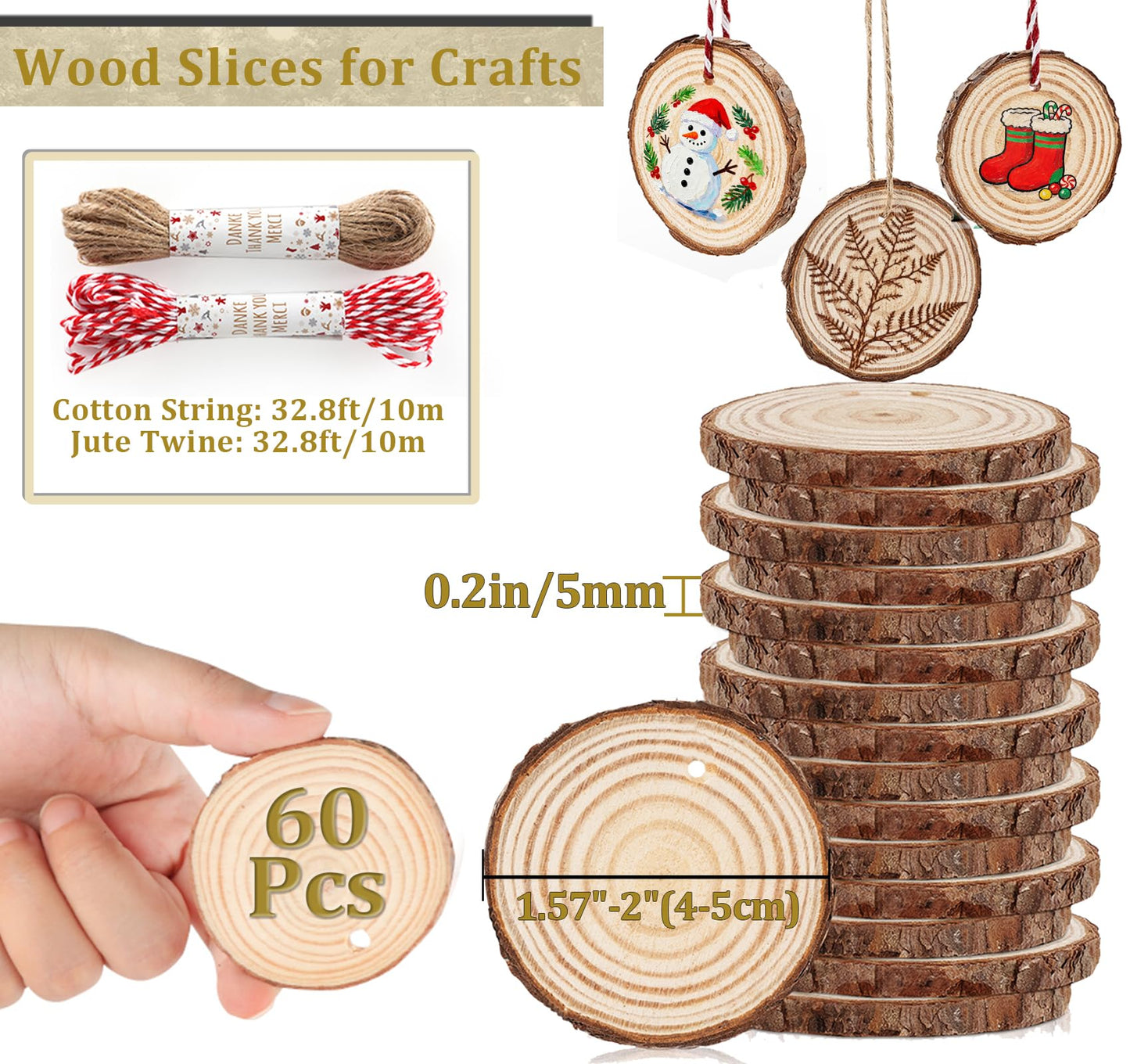 Timburst 60 Pcs Wood Slices, 1.7"-2.1" Pre-Drilled Holes Wood Discs for Crafts, 66 FET Twine String, Wooden Circles for Crafts Burning Painting DIY Crafts Christmas Wedding Party Wedding Decor Party